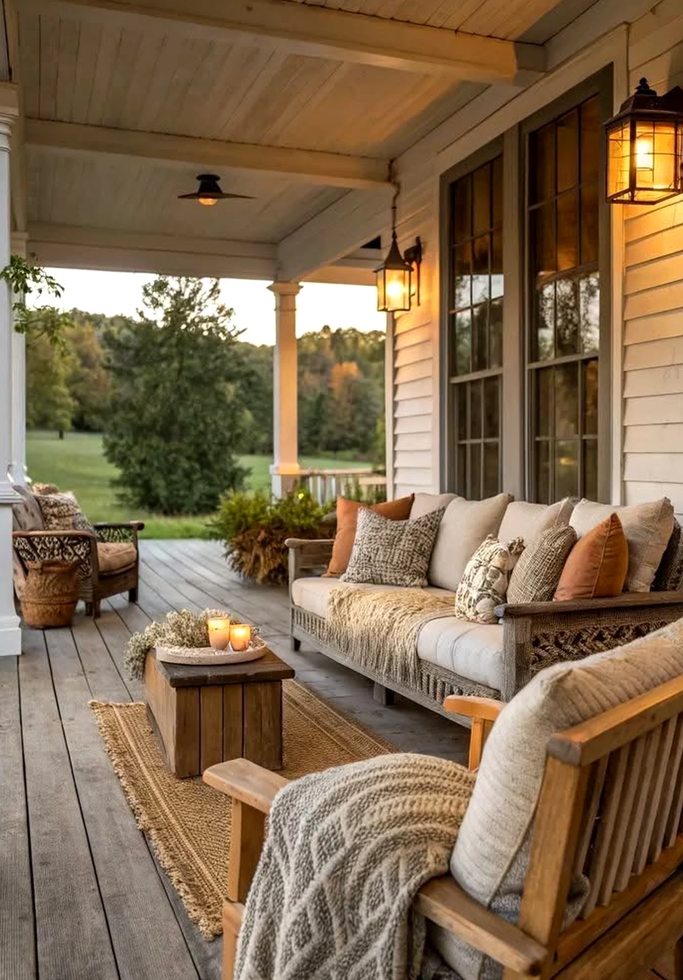 Airy terrace table adds a clear layer of detail, helping the sitting area feel soft at the edges.