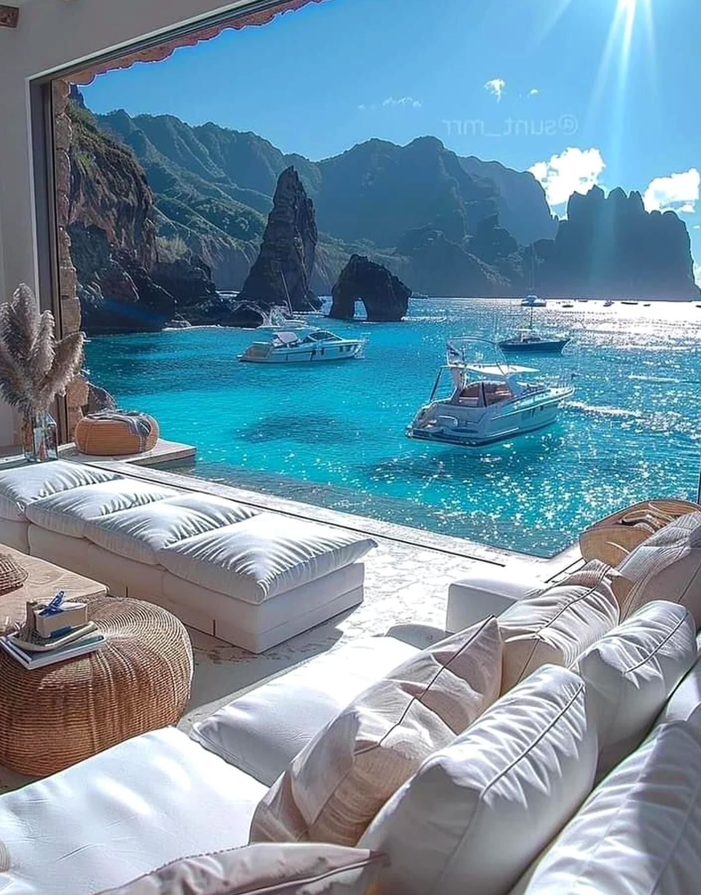 Airy balcony scene draws attention to charm while the sitting area stays bright but not busy.