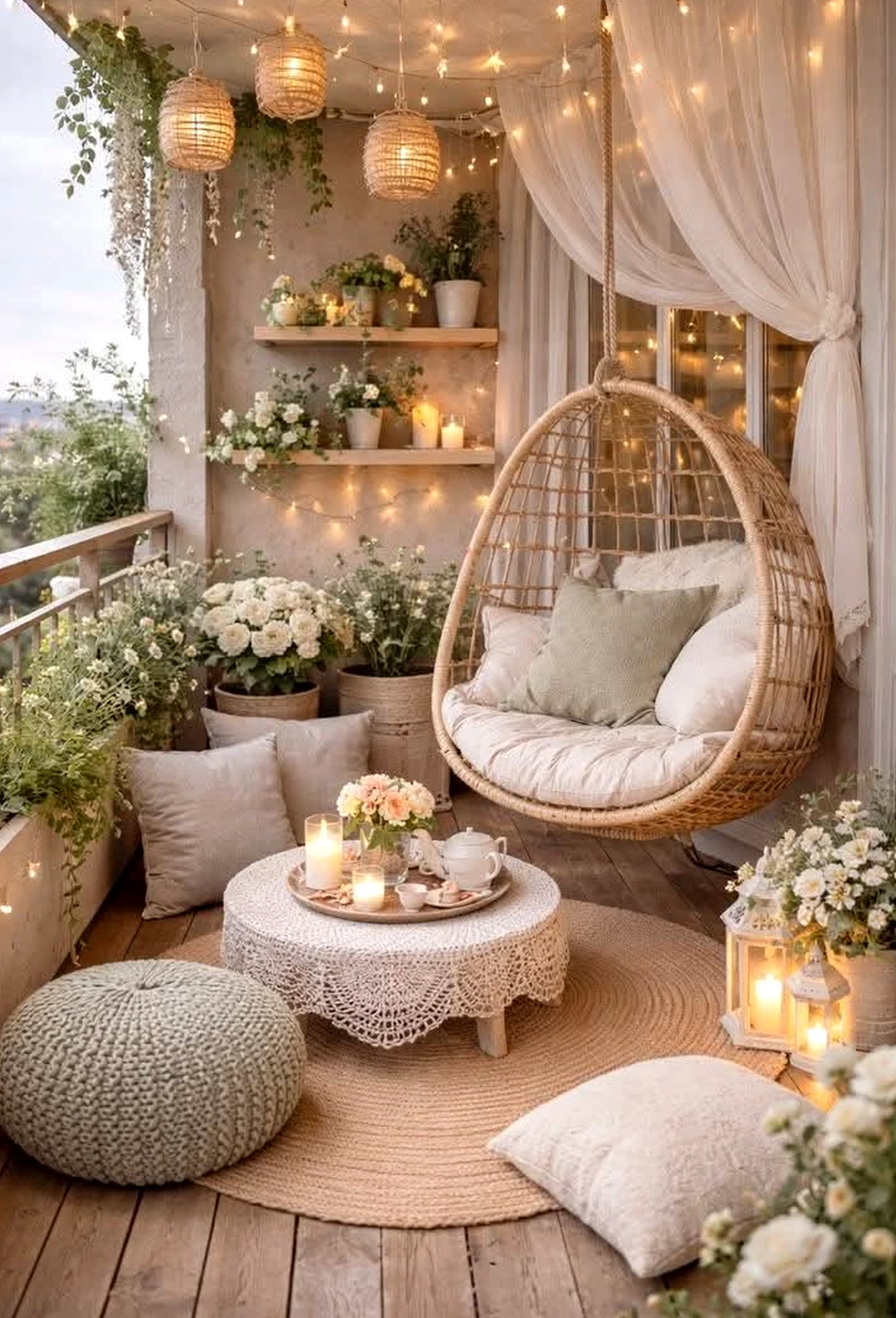 Graceful garden seating adds comfort across the arrangement, giving the decor a finish that feels ready for quiet use.