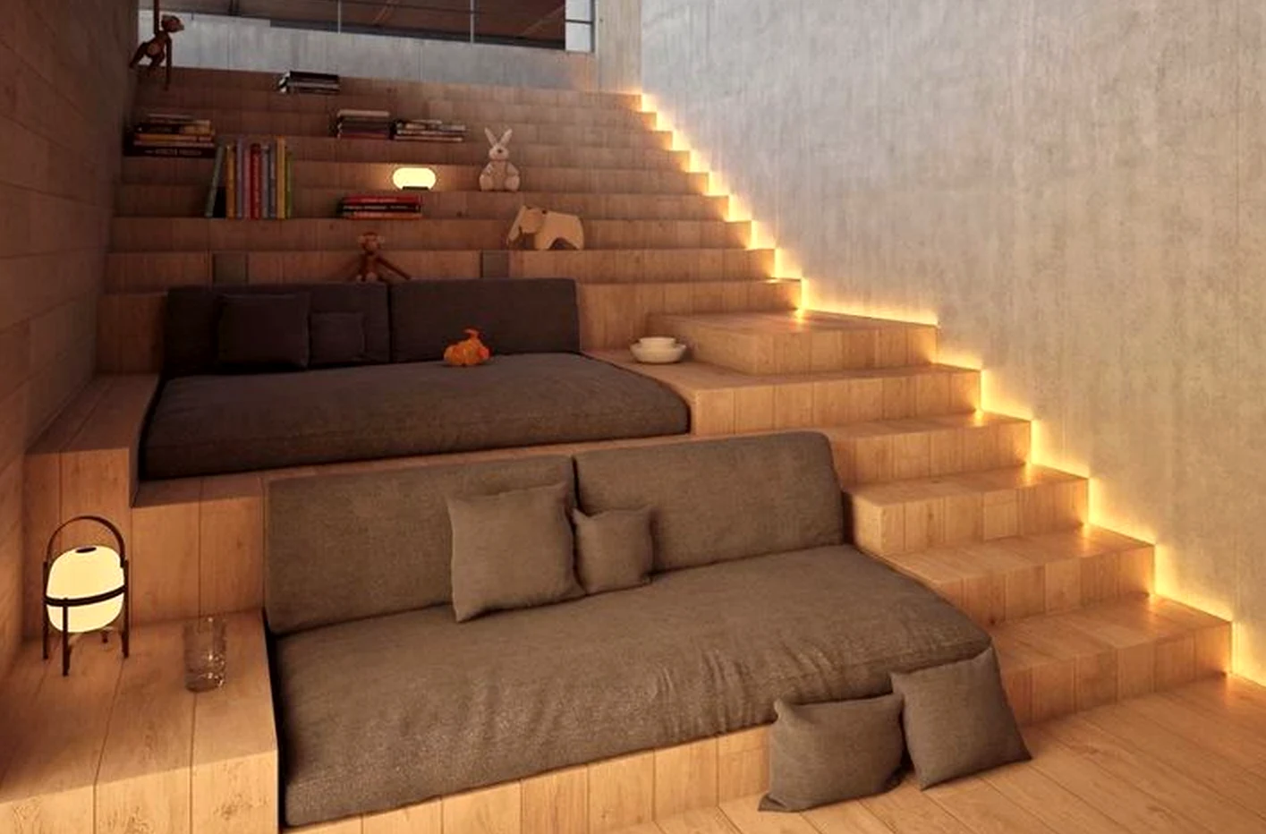 Colorful soft sofa anchors the design with texture, giving the view a mood that feels settled and welcoming.