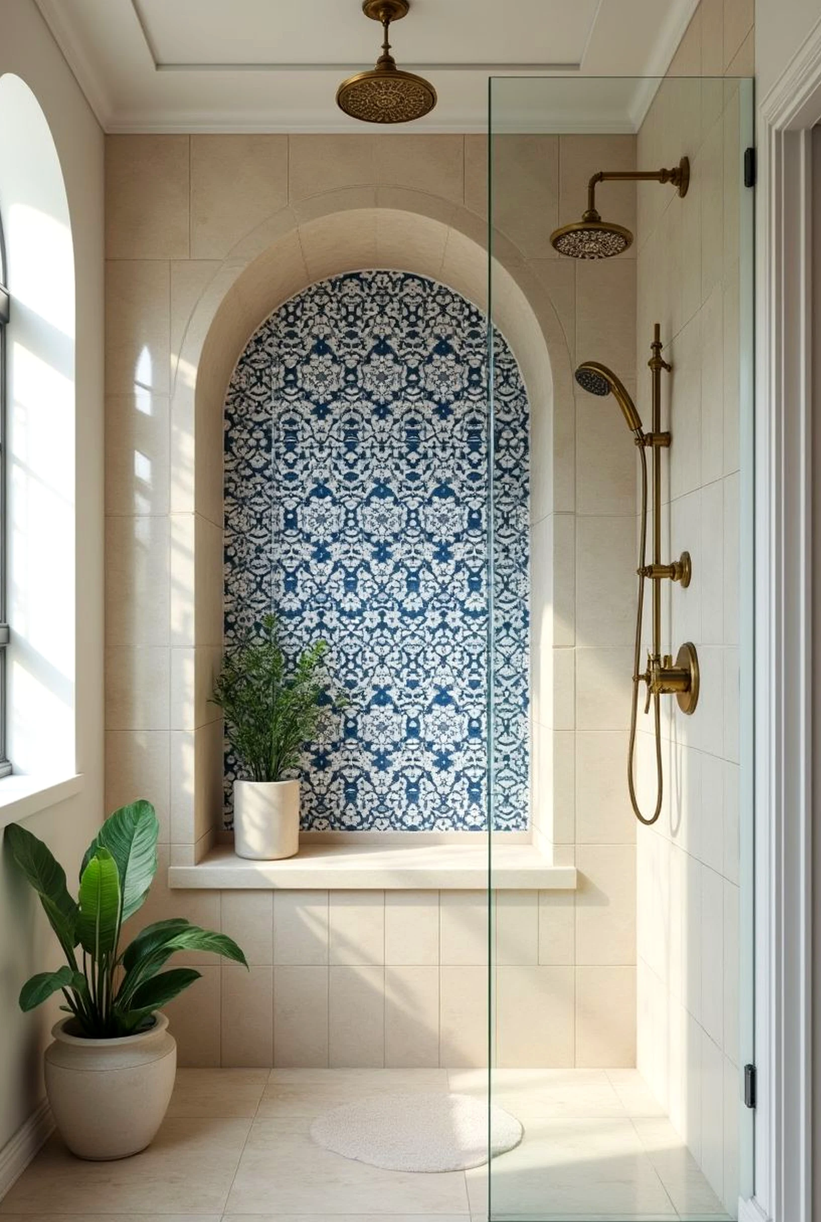 Crisp vase display adds depth across the entry, giving the decor a finish that feels simple yet expressive.