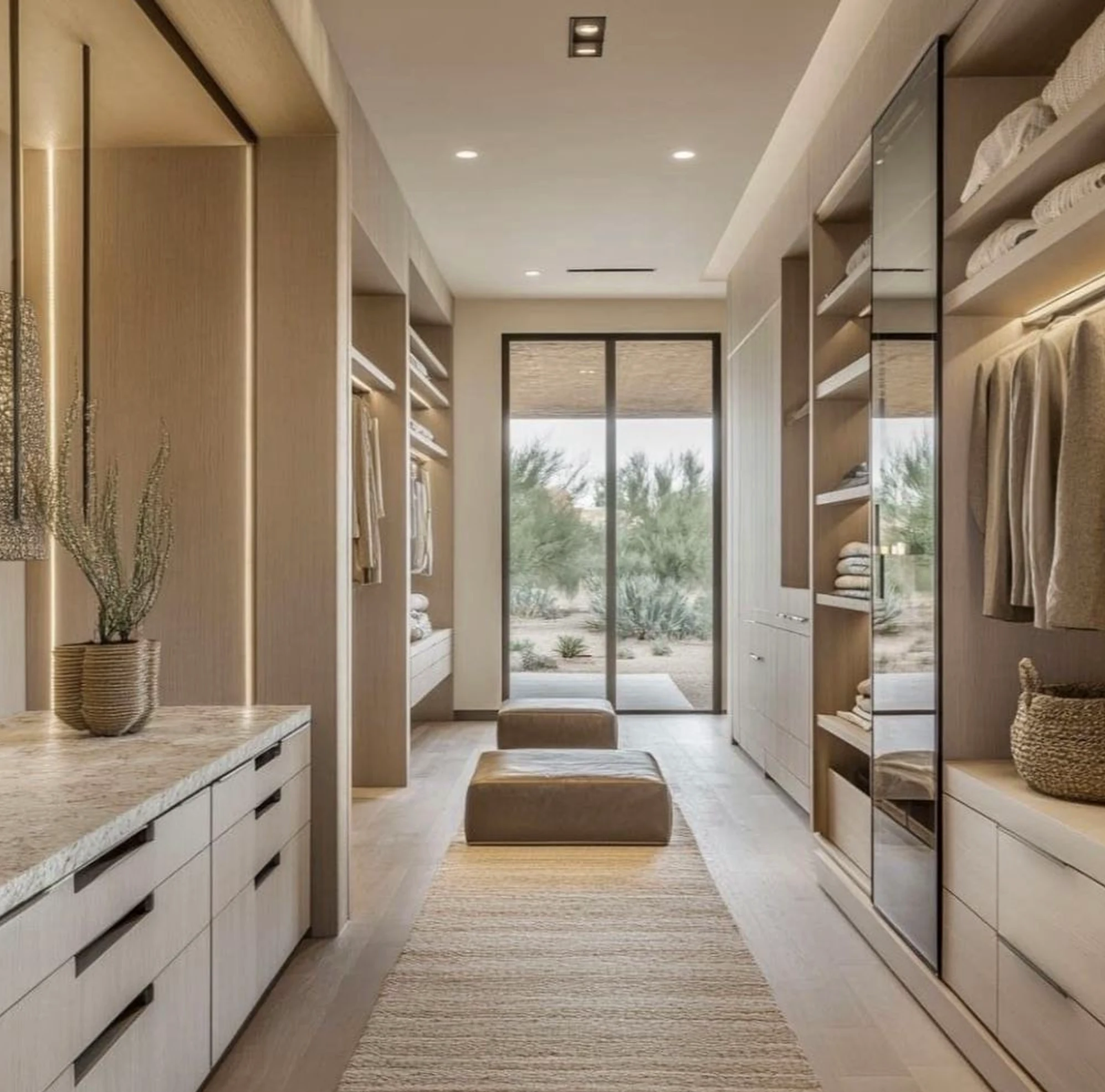 Elegant wood shelving draws attention to light while the garden edge stays fresh and intentional.