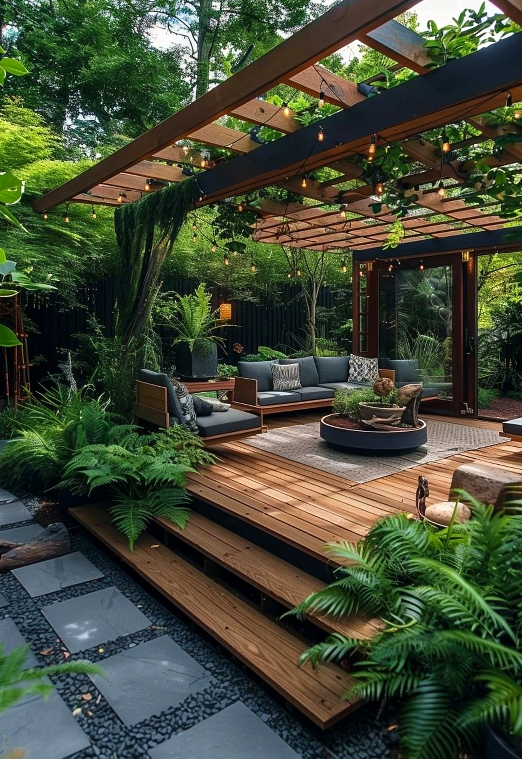 Soft floor pattern frames the composition with warmth, making the scene feel bright but not busy.