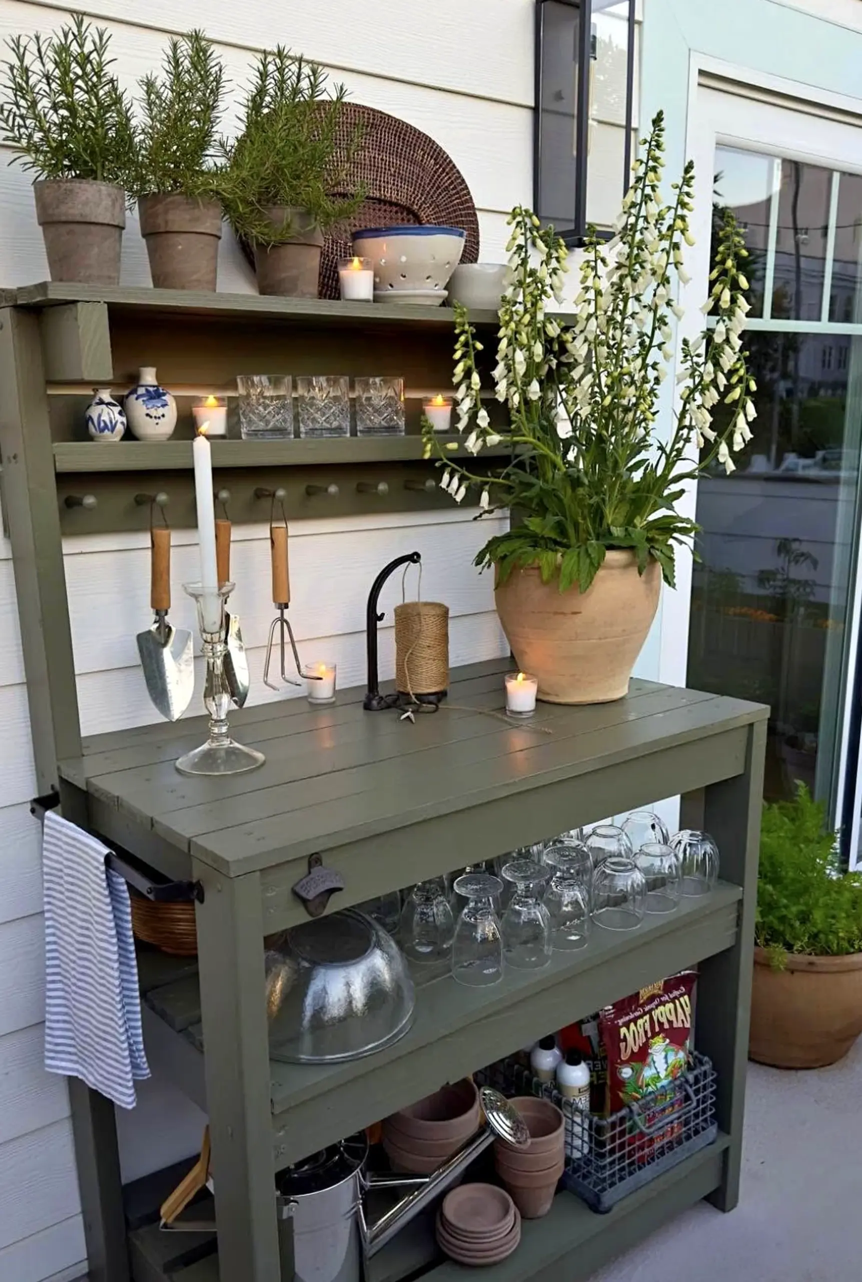 Relaxed patio corner draws attention to charm while the room stays soft at the edges.