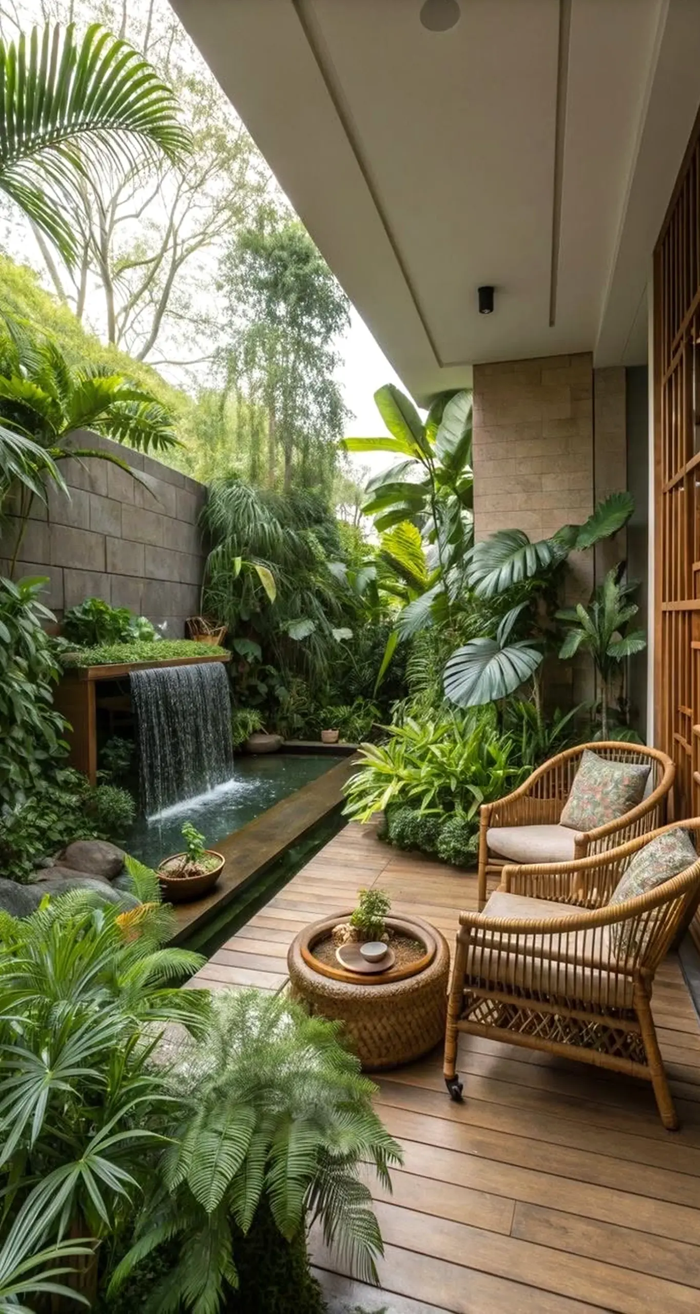 Natural outdoor lounge supports the composition through freshness, leaving the space feeling clear and inviting.