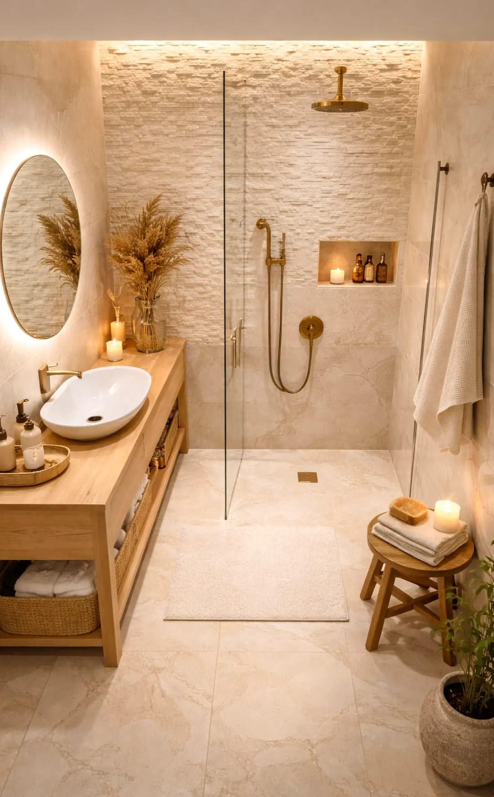 Sculptural shower wall adds personality across the backdrop, giving the decor a finish that feels ready for quiet use.