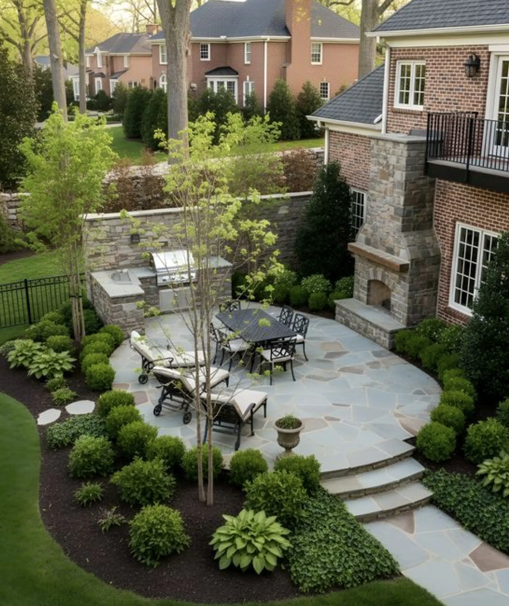 Refined stone terrace frames the wall with focus, making the scene feel quietly finished.