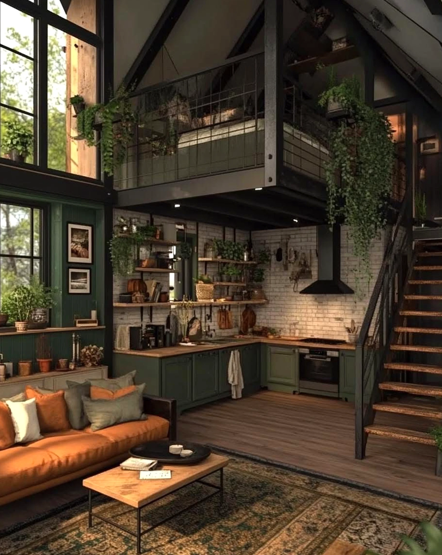 Earthy cabinet wall frames the corner with comfort, making the scene feel visually grounded.