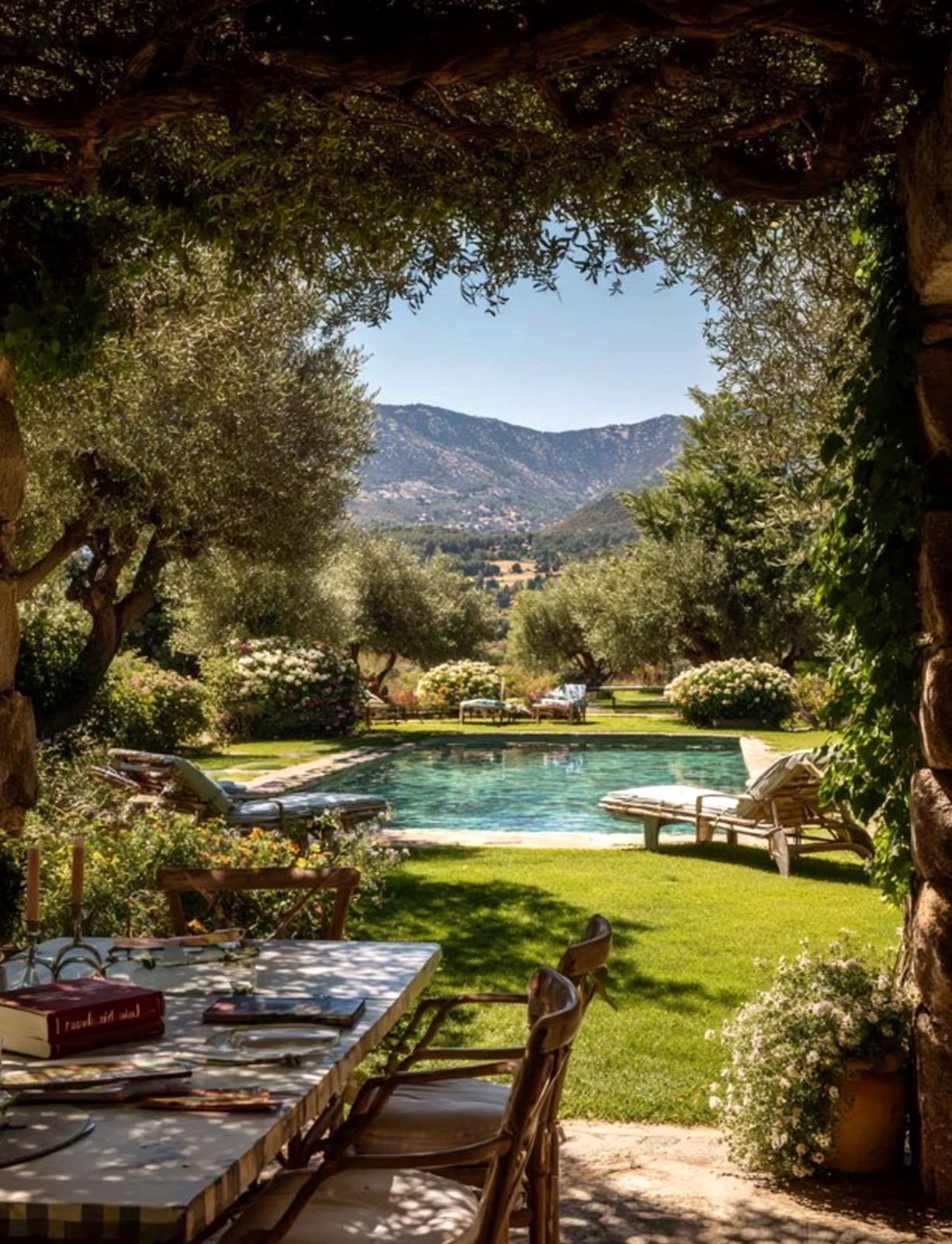 Textured stone terrace brings warmth to the backdrop, creating a mood that feels bright but not busy.