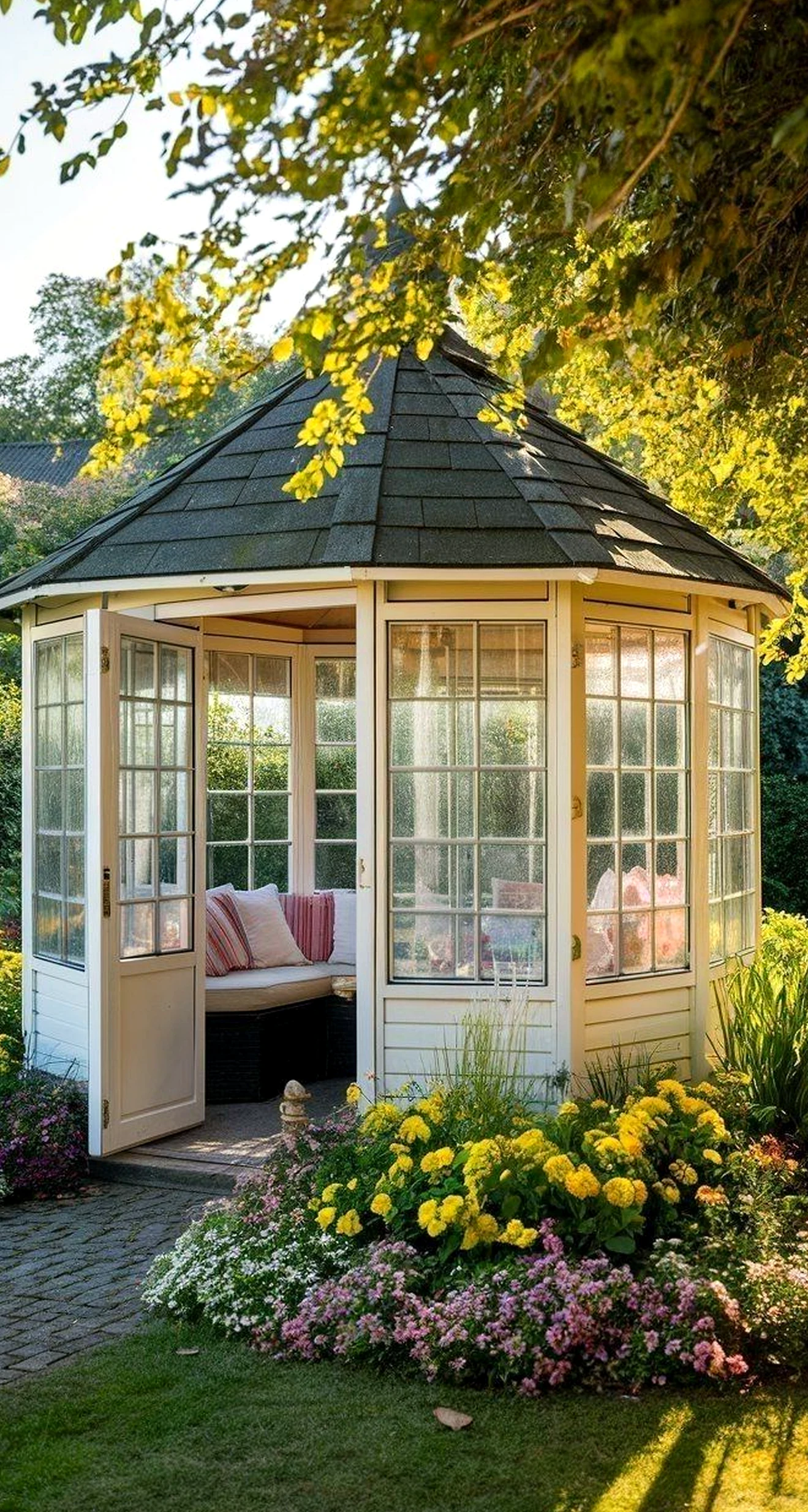 Balanced courtyard view introduces texture into the outdoor space, keeping the atmosphere warm without clutter.