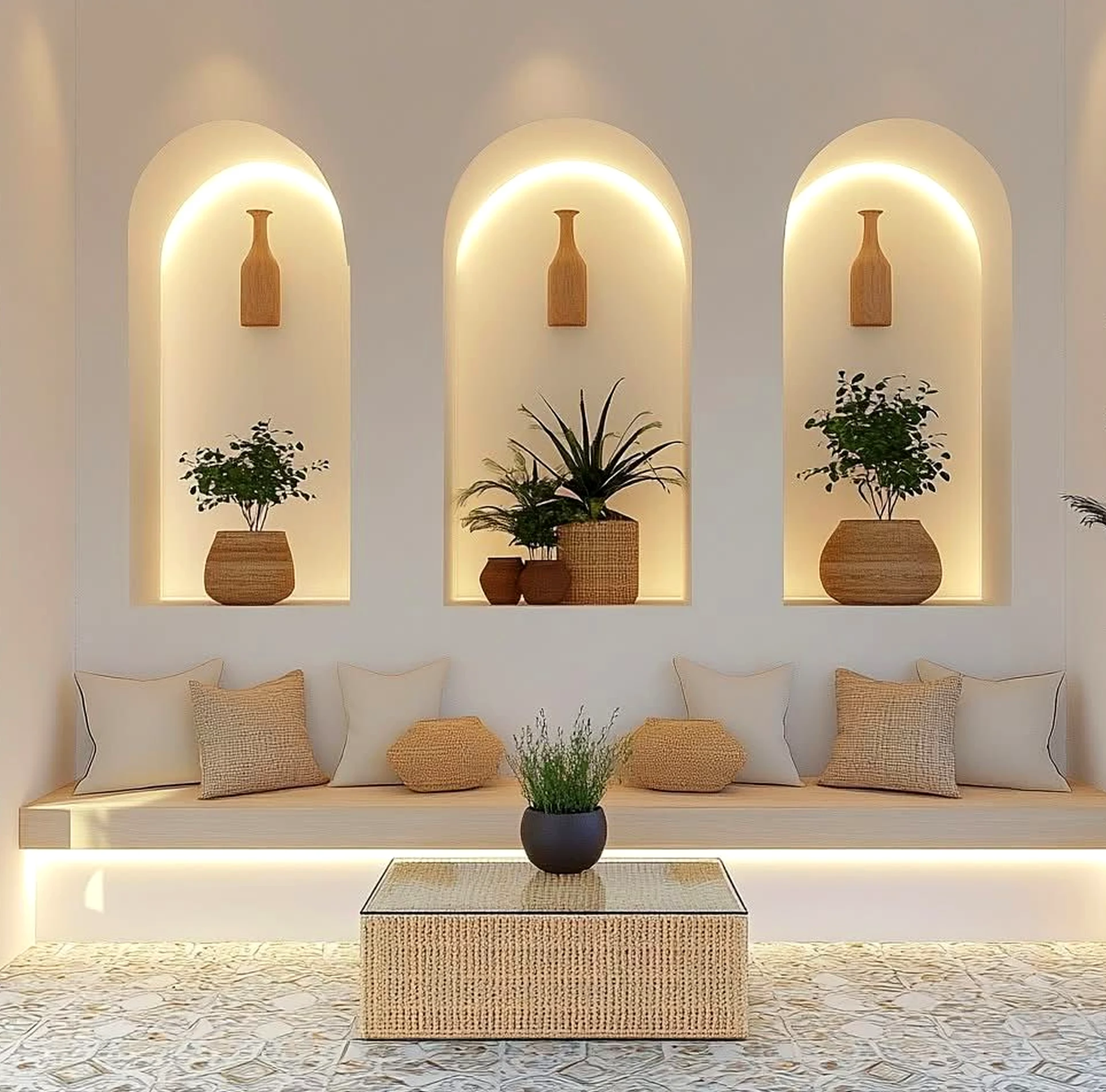 Graceful floor pattern adds freshness across the sitting area, giving the decor a finish that feels open and lived-in.