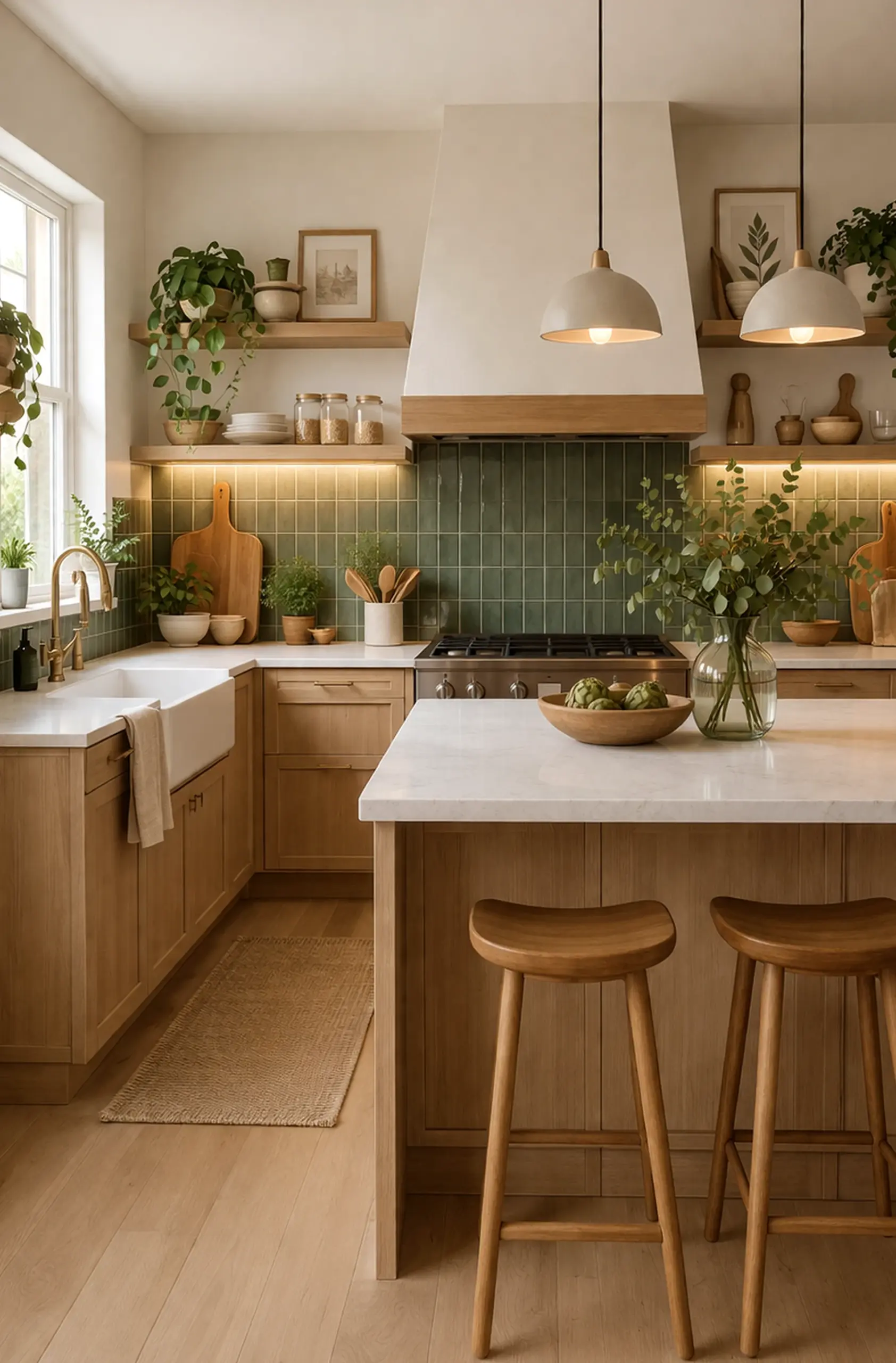 Polished vase display frames the corner with depth, making the scene feel open and lived-in.