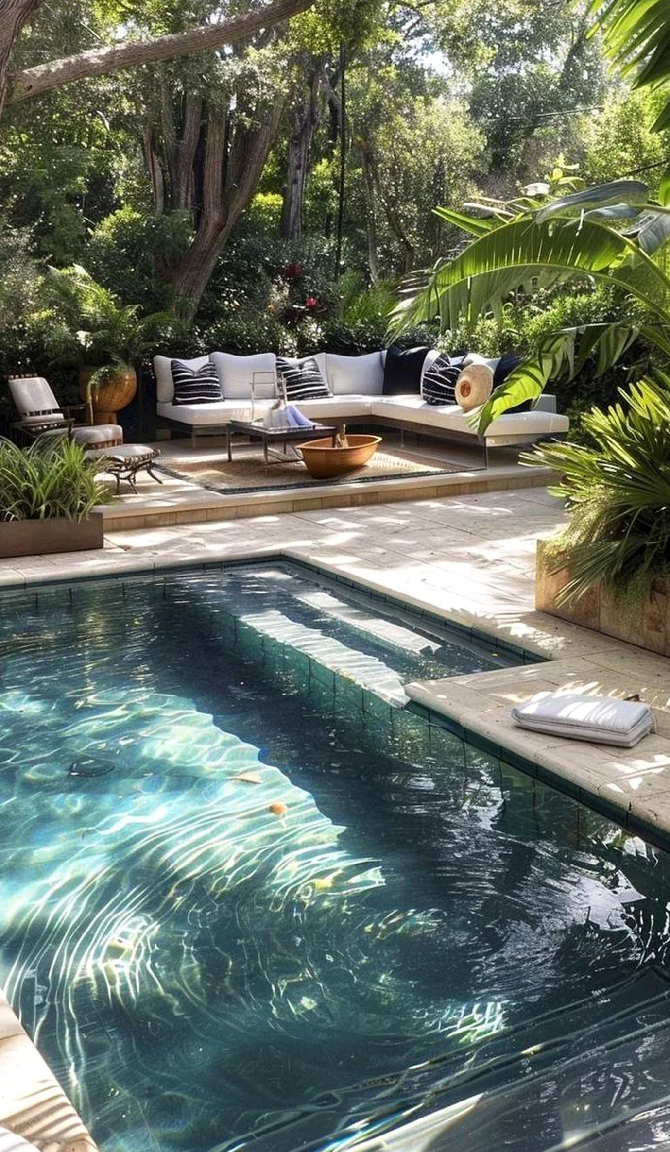 Layered floor pattern gives the design more softness, so the whole view feels bright but not busy.