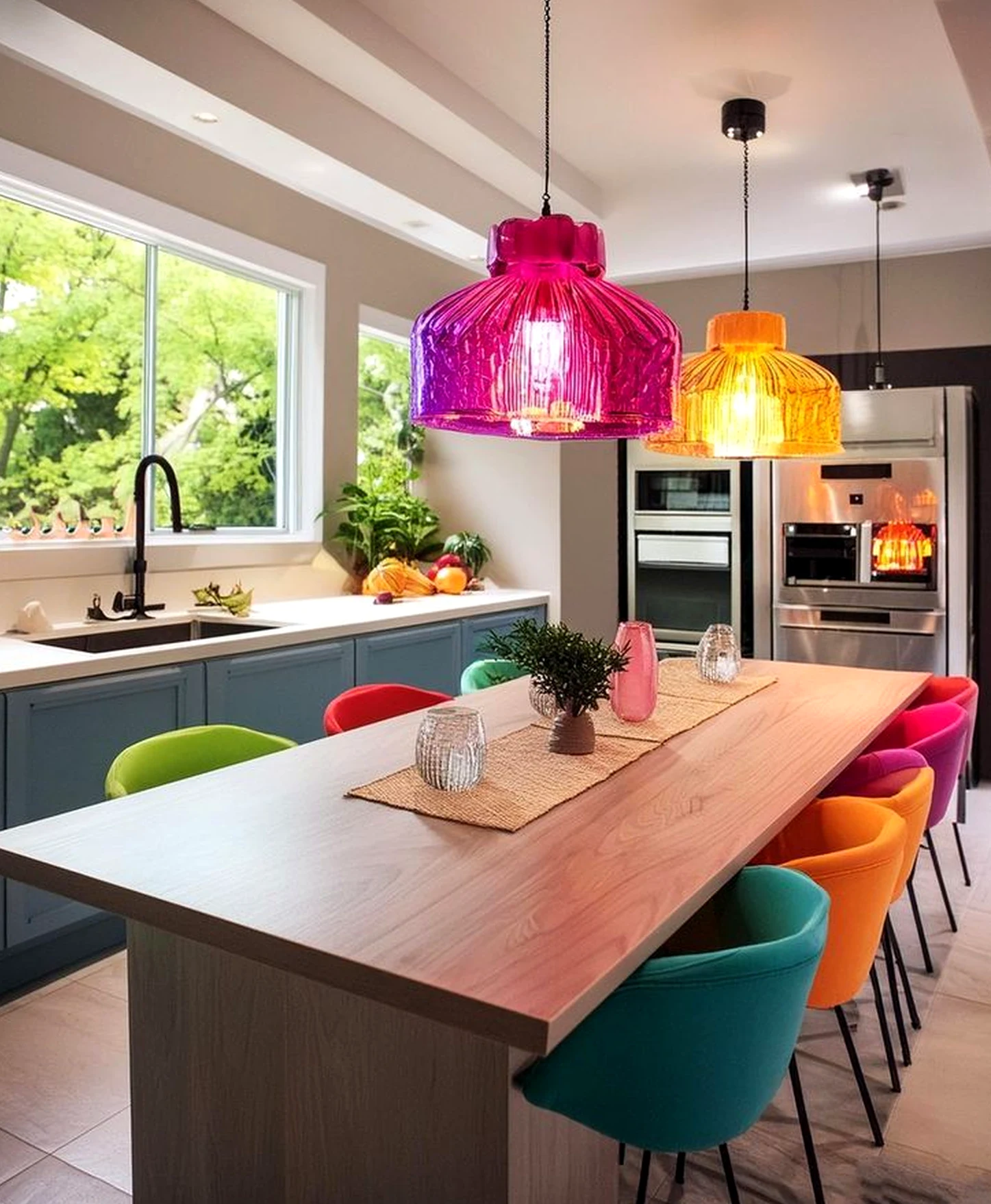 Colorful courtyard view brings detail to the outdoor space, creating a mood that feels warm without clutter.