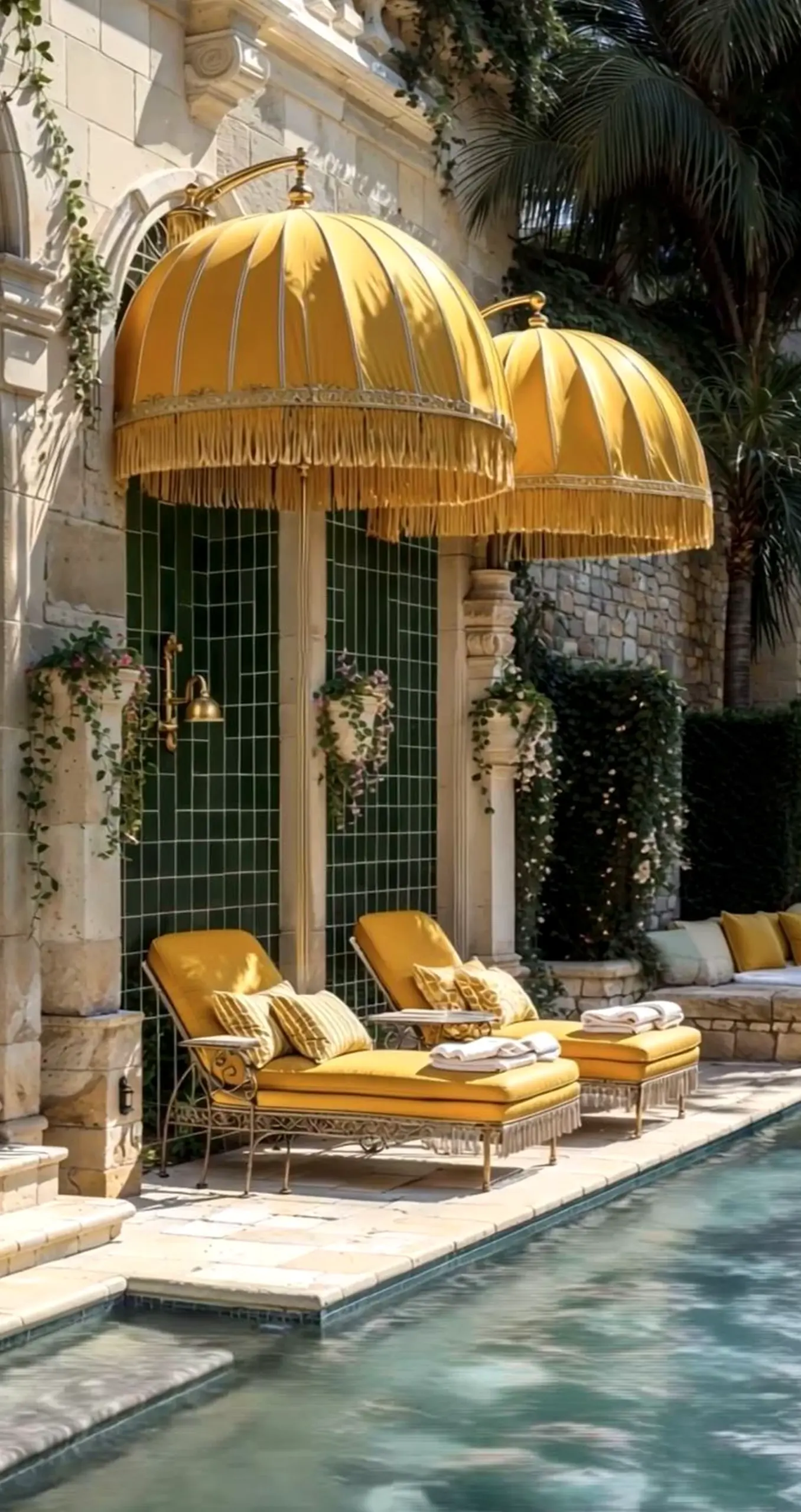 Sunny poolside setting supports the composition through charm, leaving the space feeling easy to enjoy.