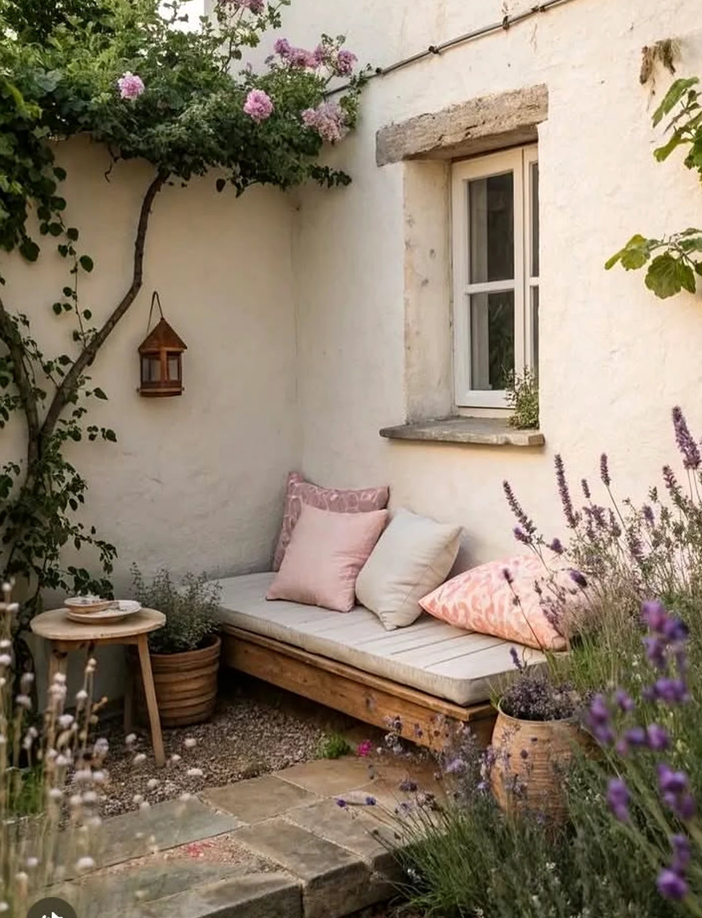 Compact outdoor lounge draws attention to detail while the garden edge stays bright but not busy.