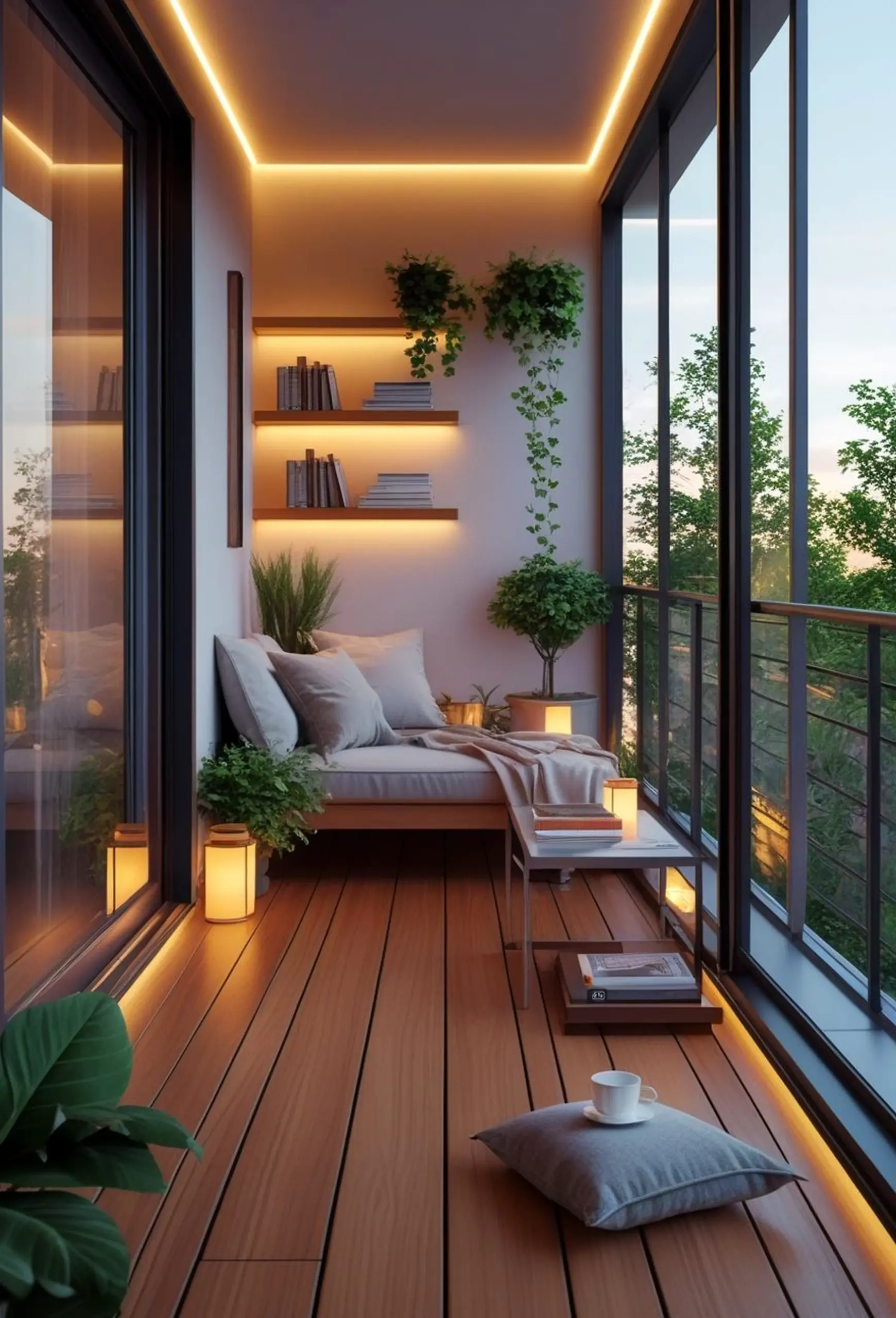 Warm balcony scene brings a useful note of detail, making the table feel open and lived-in.