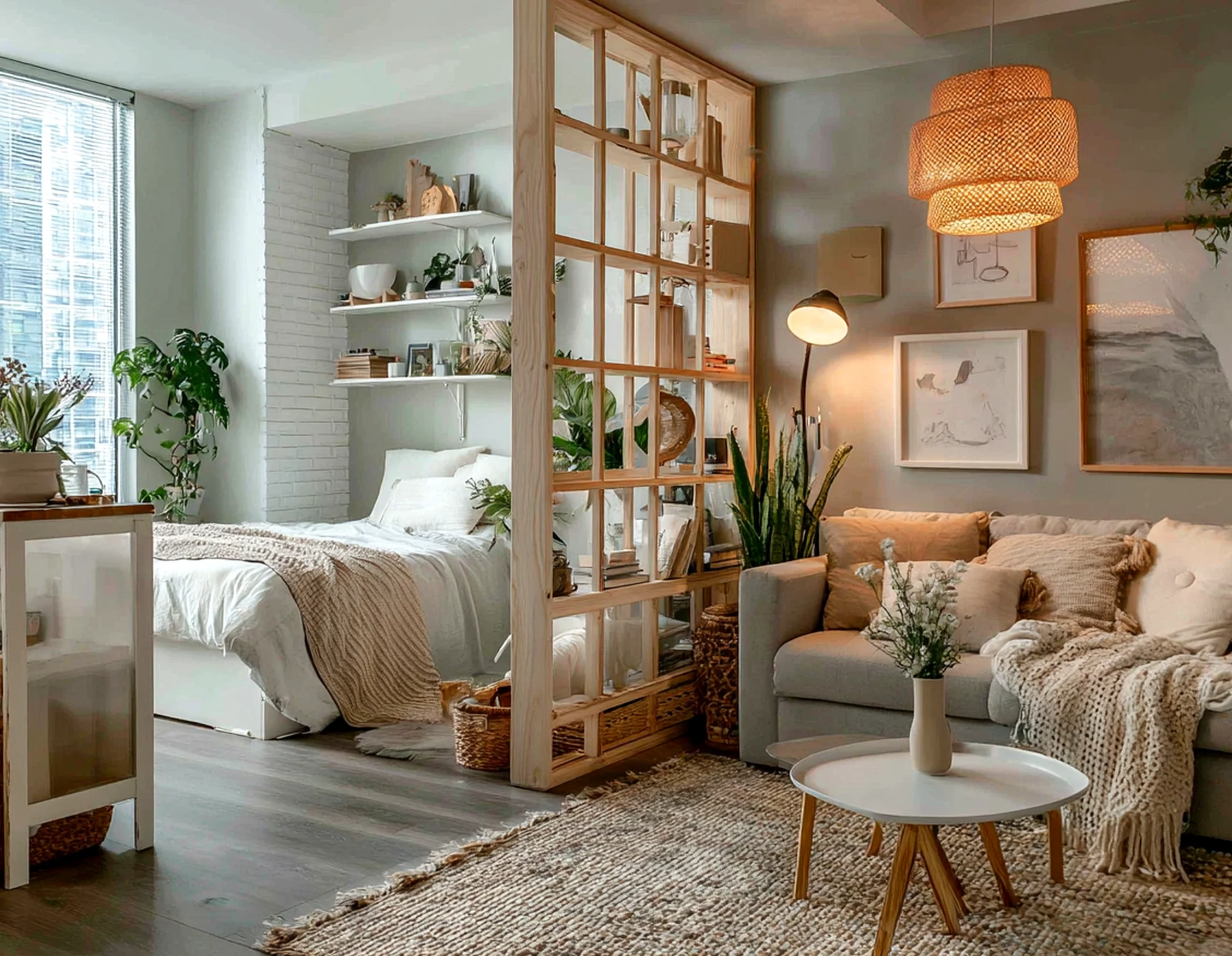 Natural bedside layer brings a useful note of focus, making the outdoor space feel bright but not busy.