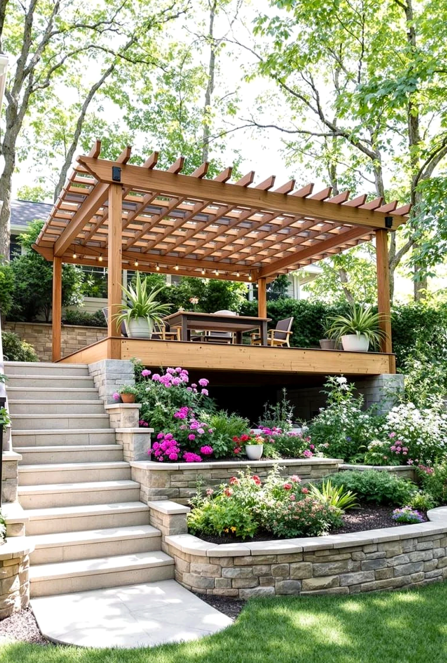 Warm wooden deck brings a useful note of comfort, making the view feel settled and welcoming.