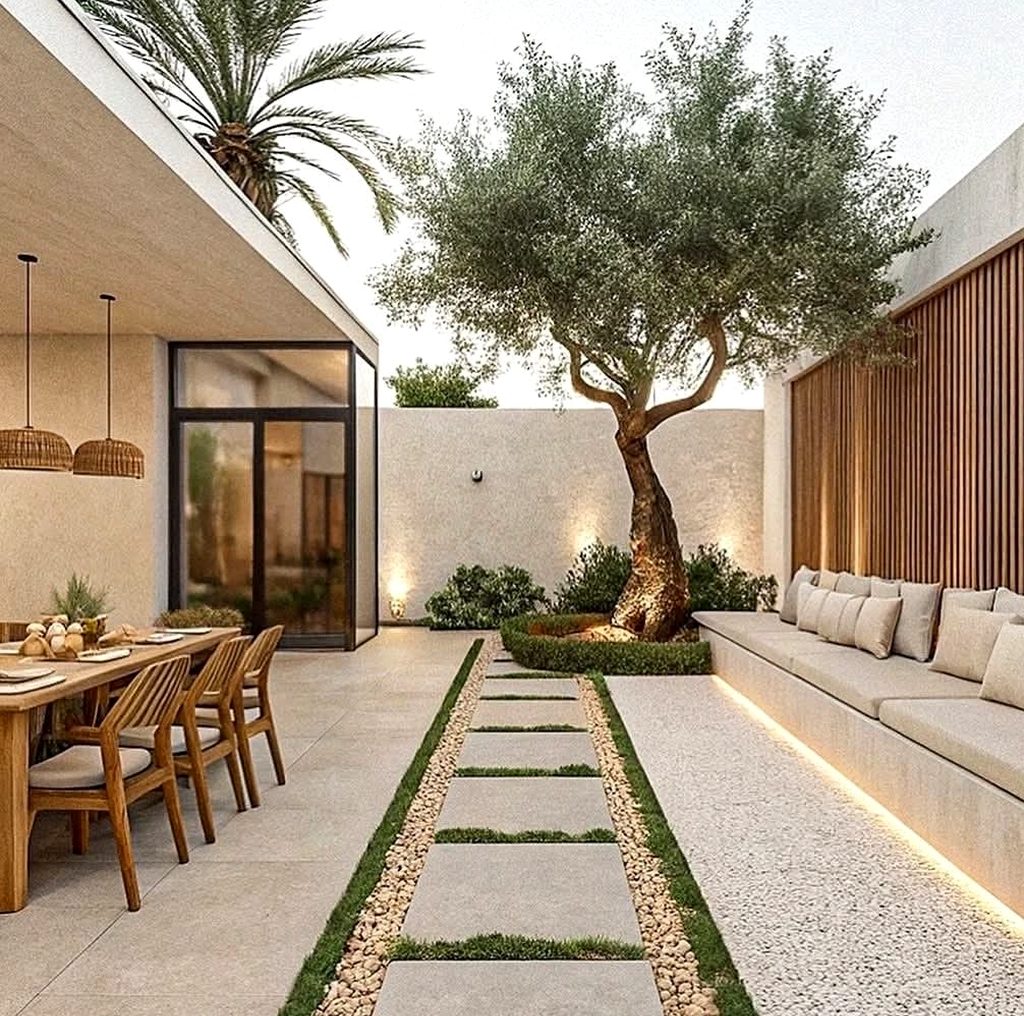 Calm courtyard view gives the backdrop more shape, so the whole view feels bright but not busy.