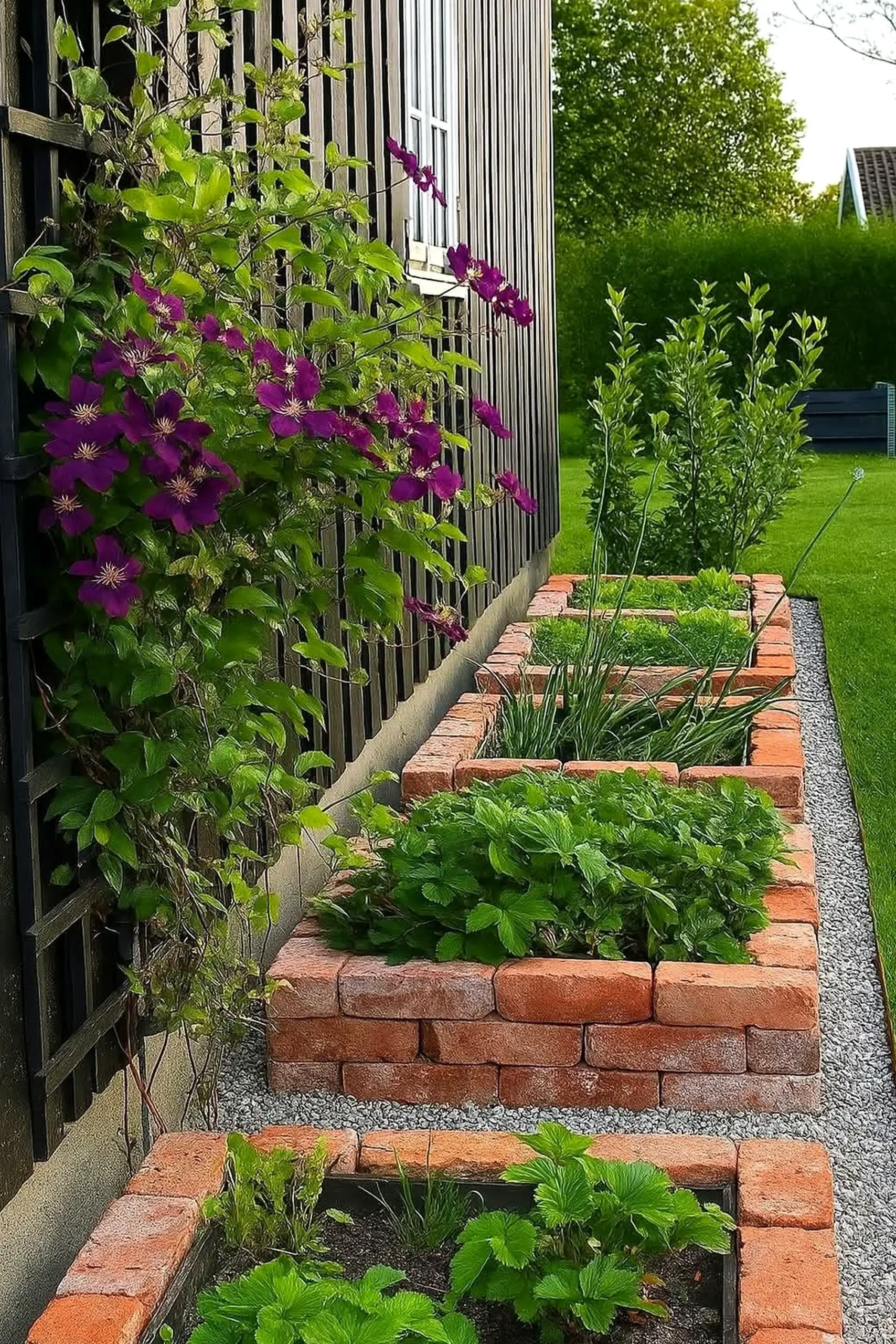 Earthy greenhouse corner frames the sitting area with order, making the scene feel pleasantly composed.