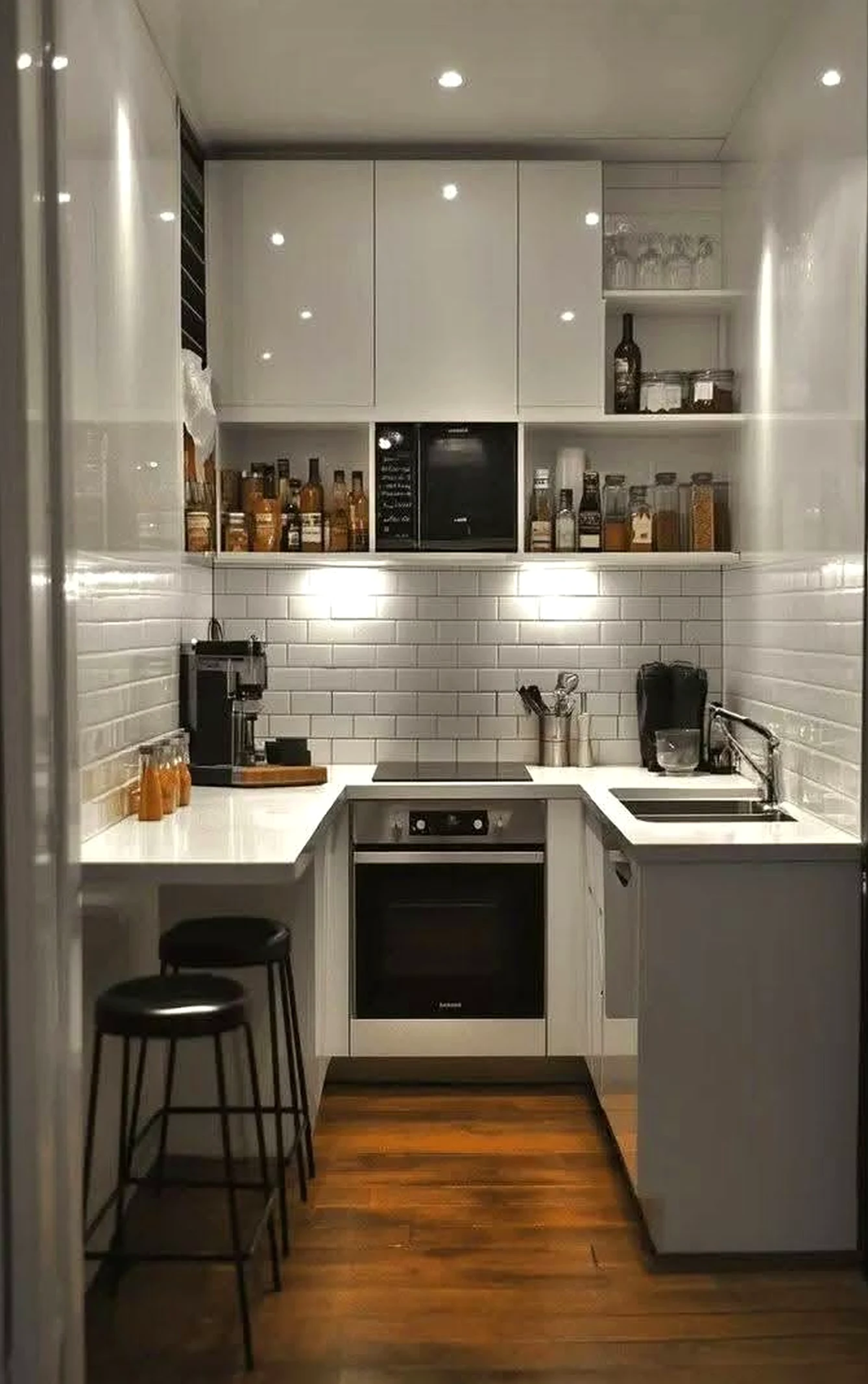 Calm storage corner introduces order into the wall, keeping the atmosphere soft at the edges.