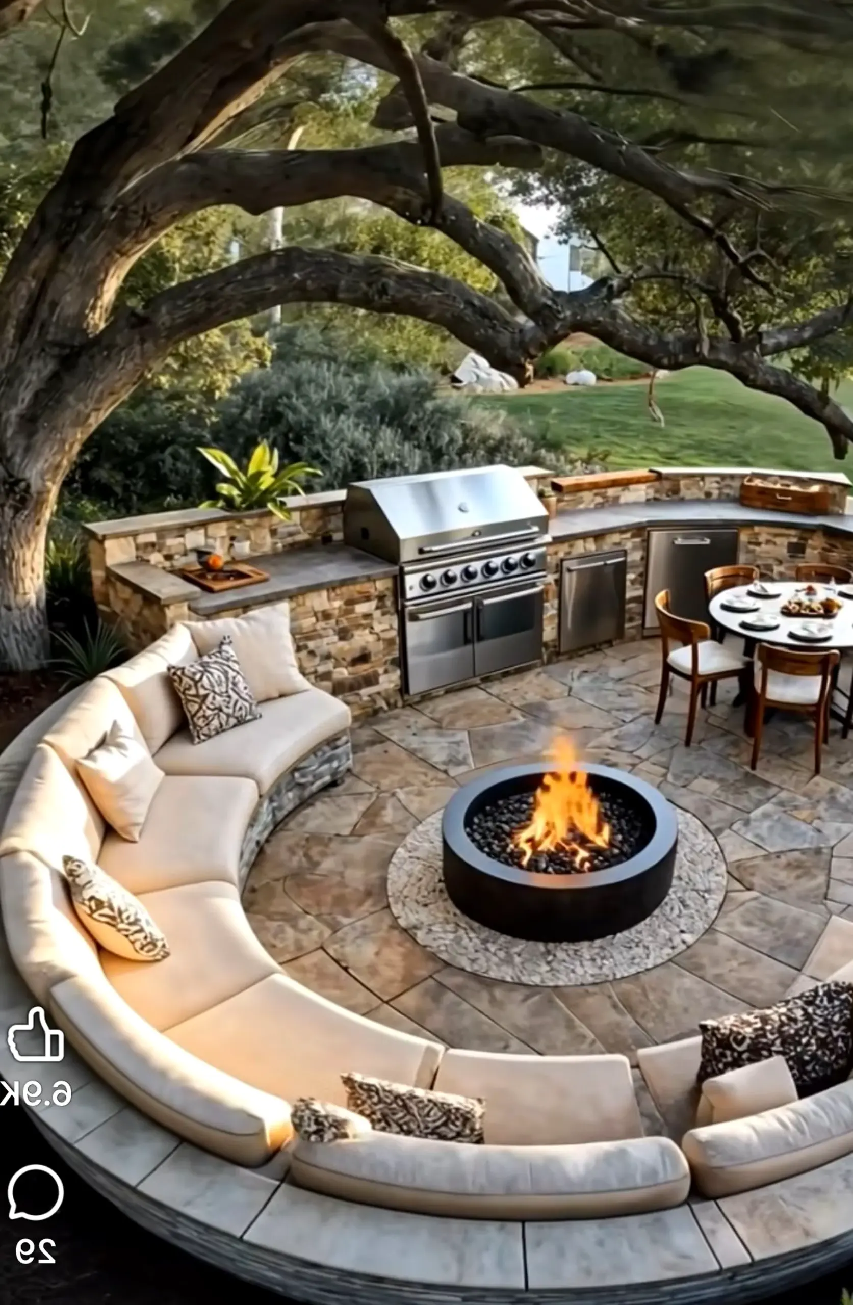 Calm stone terrace introduces softness into the entry, keeping the atmosphere easy to enjoy.