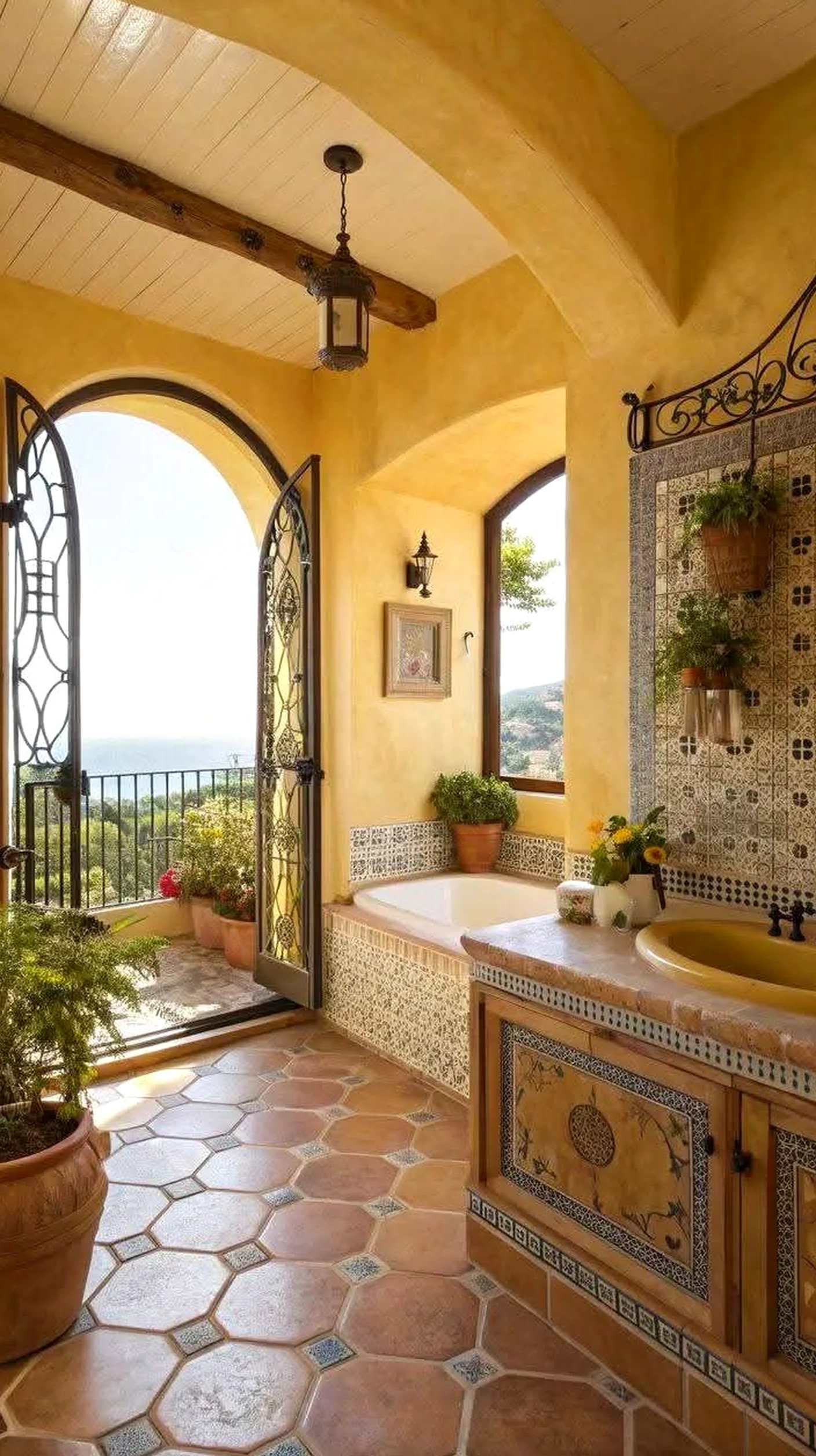 Textured courtyard view brings detail to the design, creating a mood that feels warm without clutter.