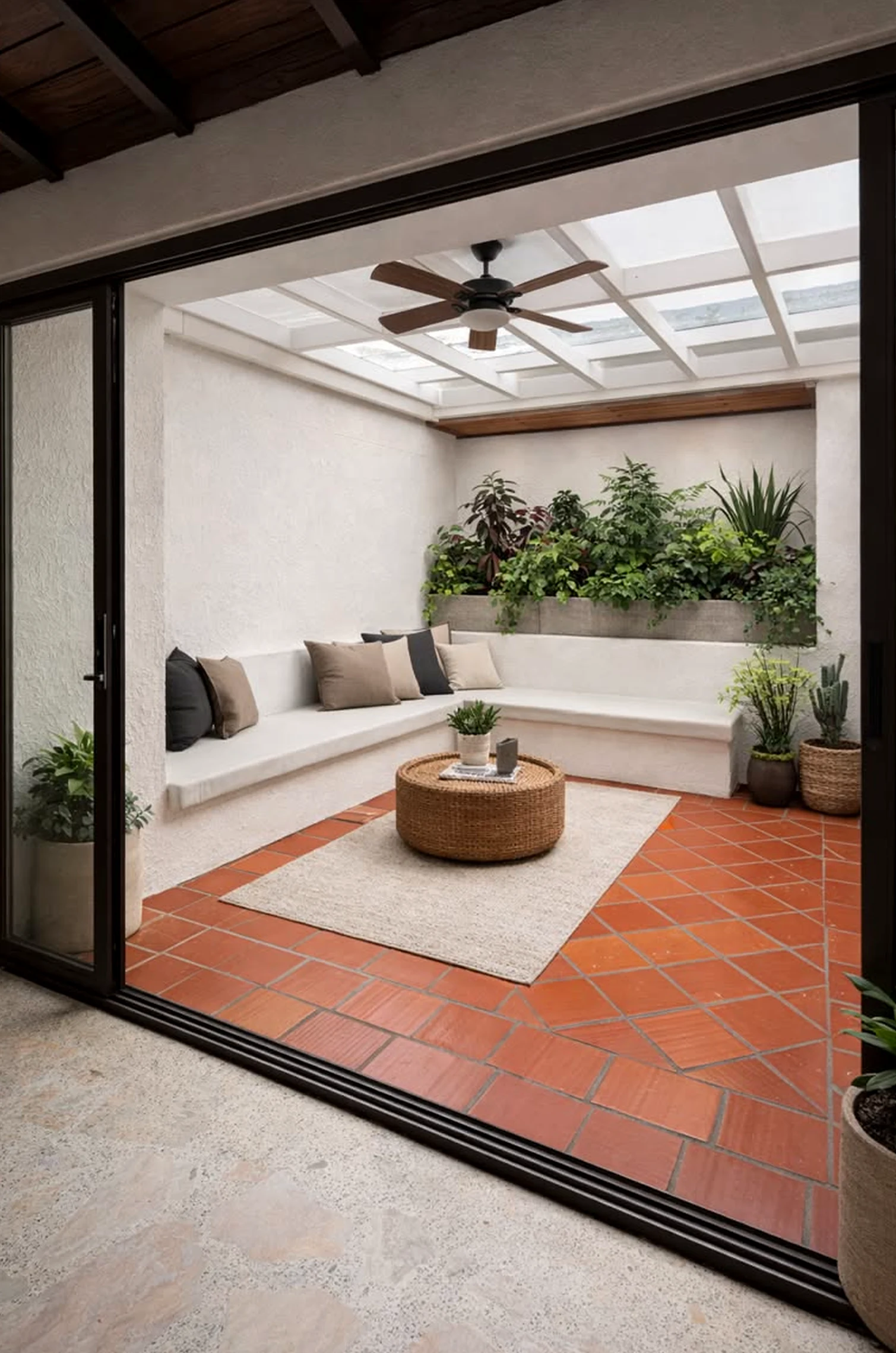 Balanced fireplace area introduces order into the design, keeping the atmosphere comfortable in daily use.