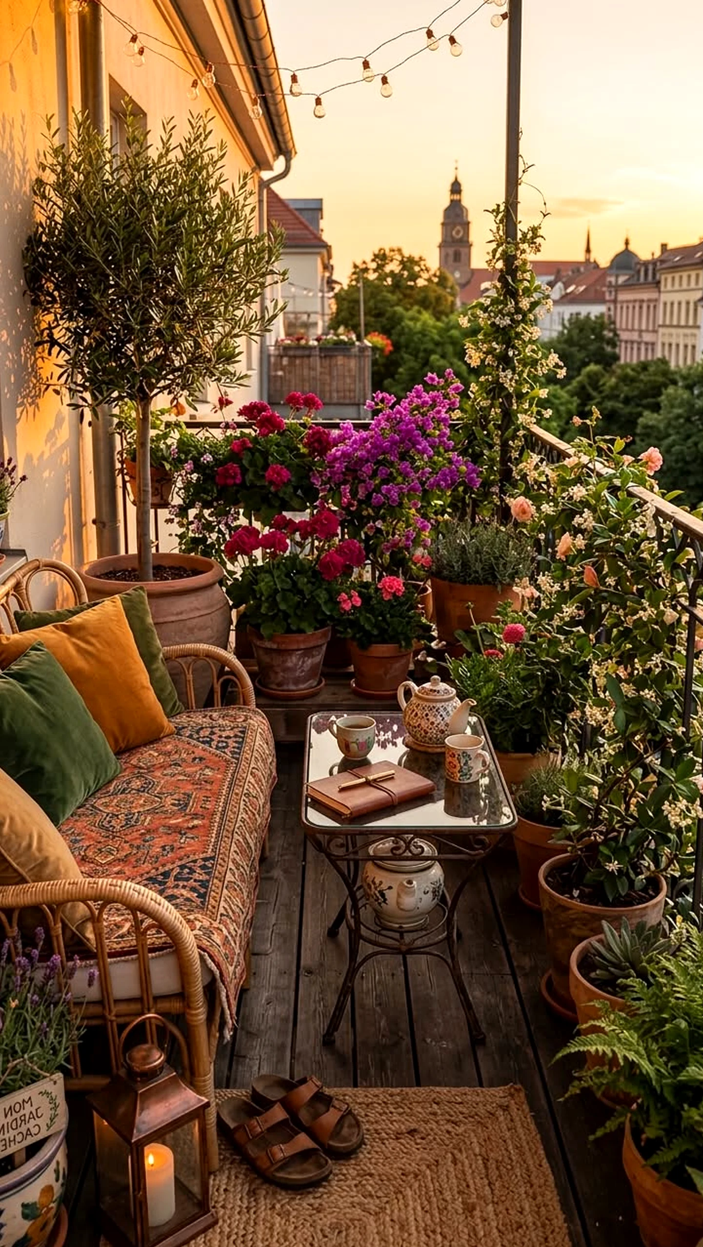 Elegant terrace table draws attention to charm while the sitting area stays bright but not busy.