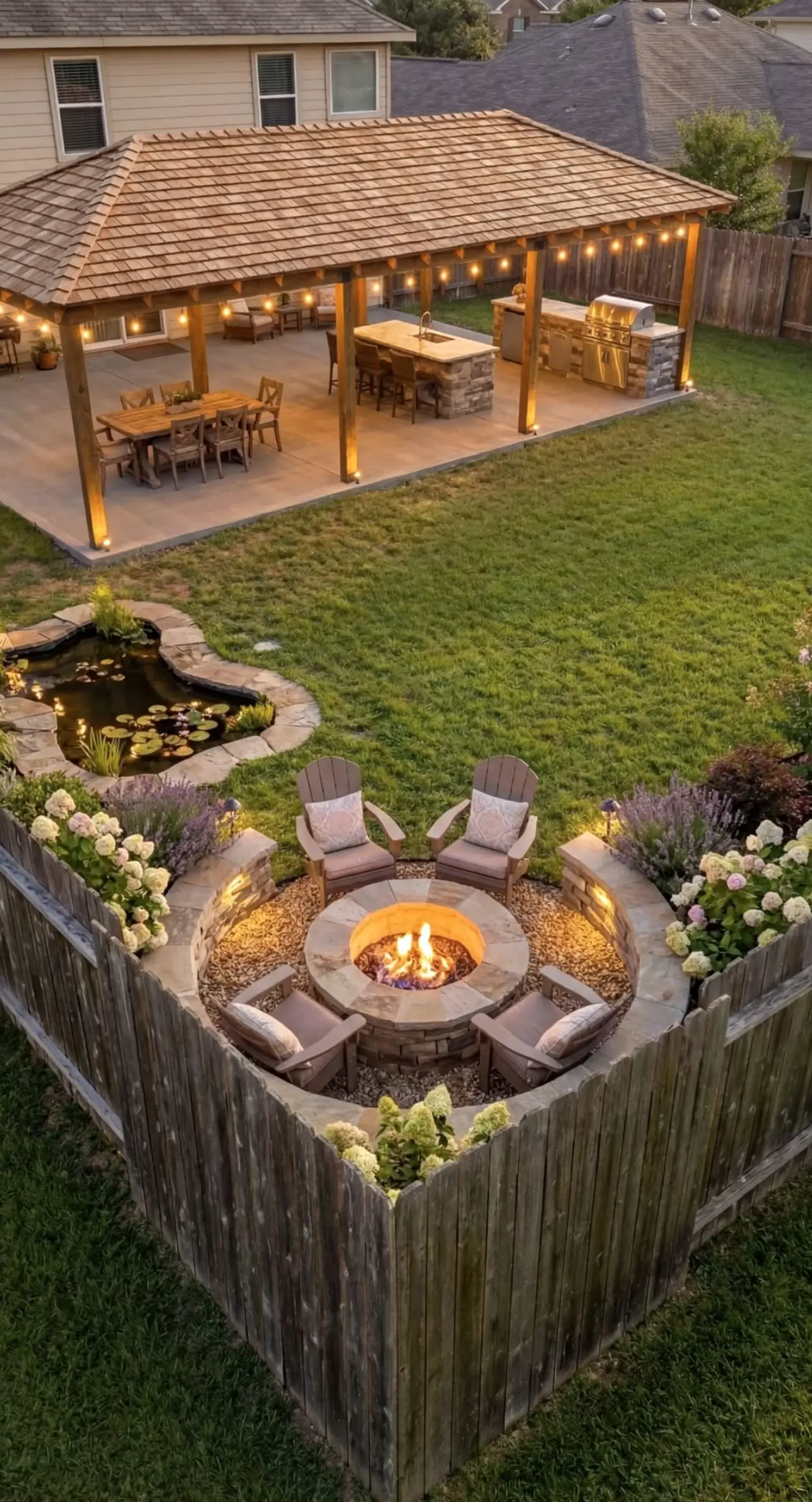 Relaxed green entry draws attention to contrast while the outdoor space stays open and lived-in.