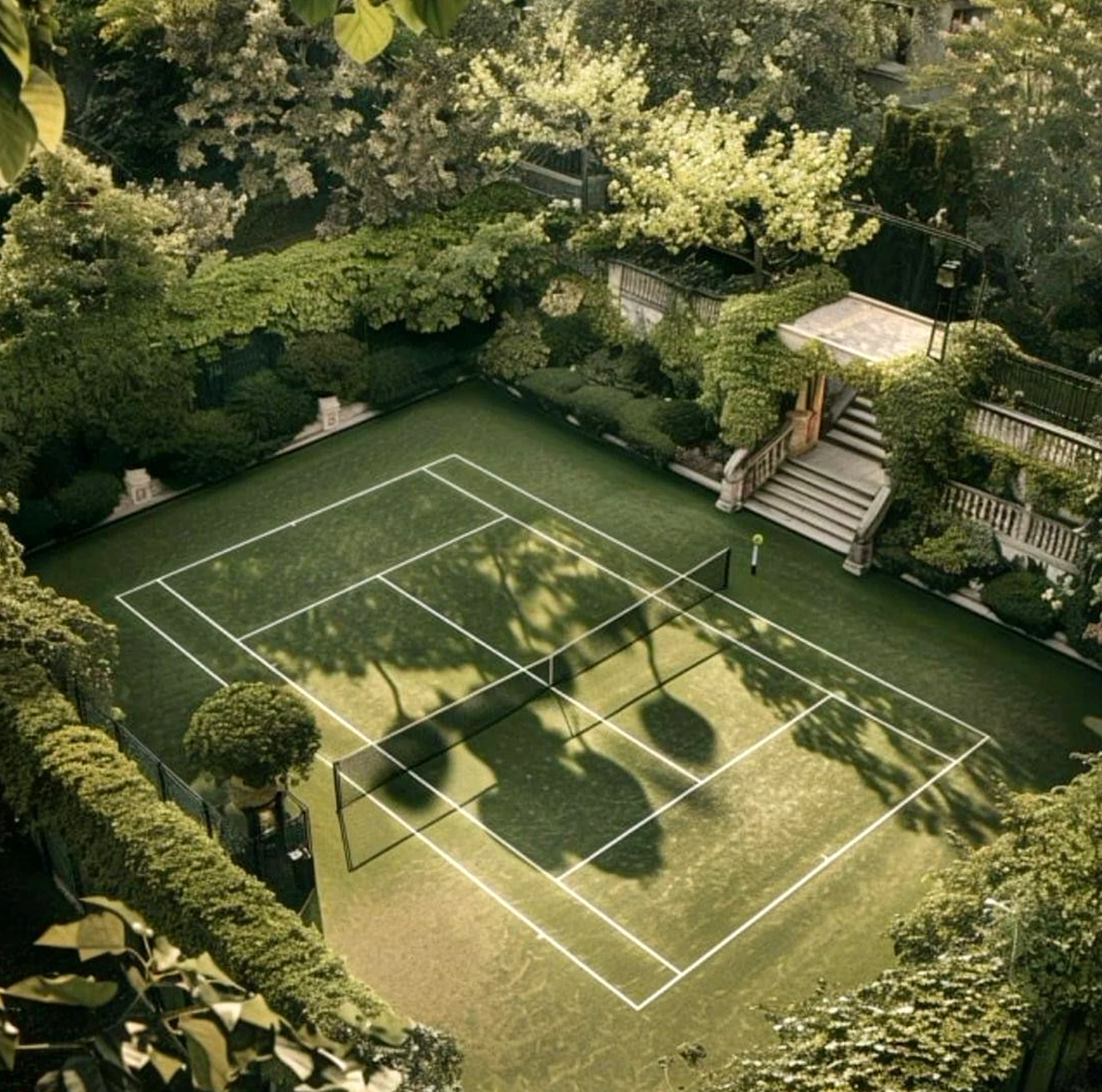Calm stone terrace gives the outdoor space more freshness, so the whole view feels soft at the edges.