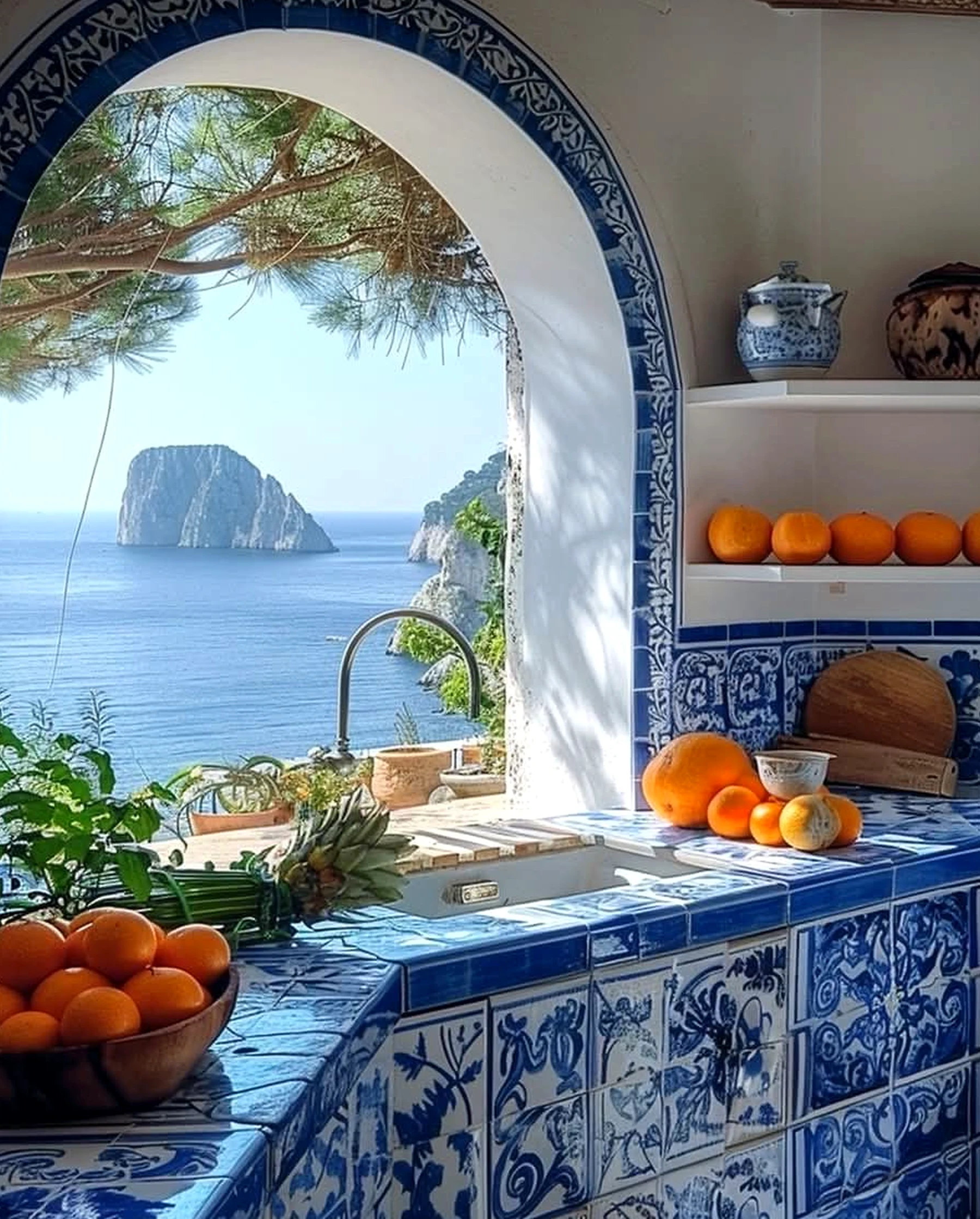 Balanced stone terrace introduces charm into the view, keeping the atmosphere pleasantly composed.