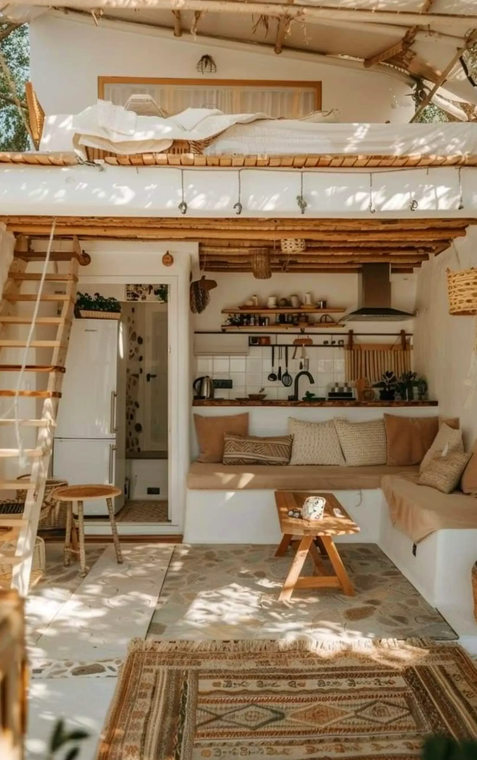 Leafy balcony scene anchors the corner with texture, giving the view a mood that feels settled and welcoming.