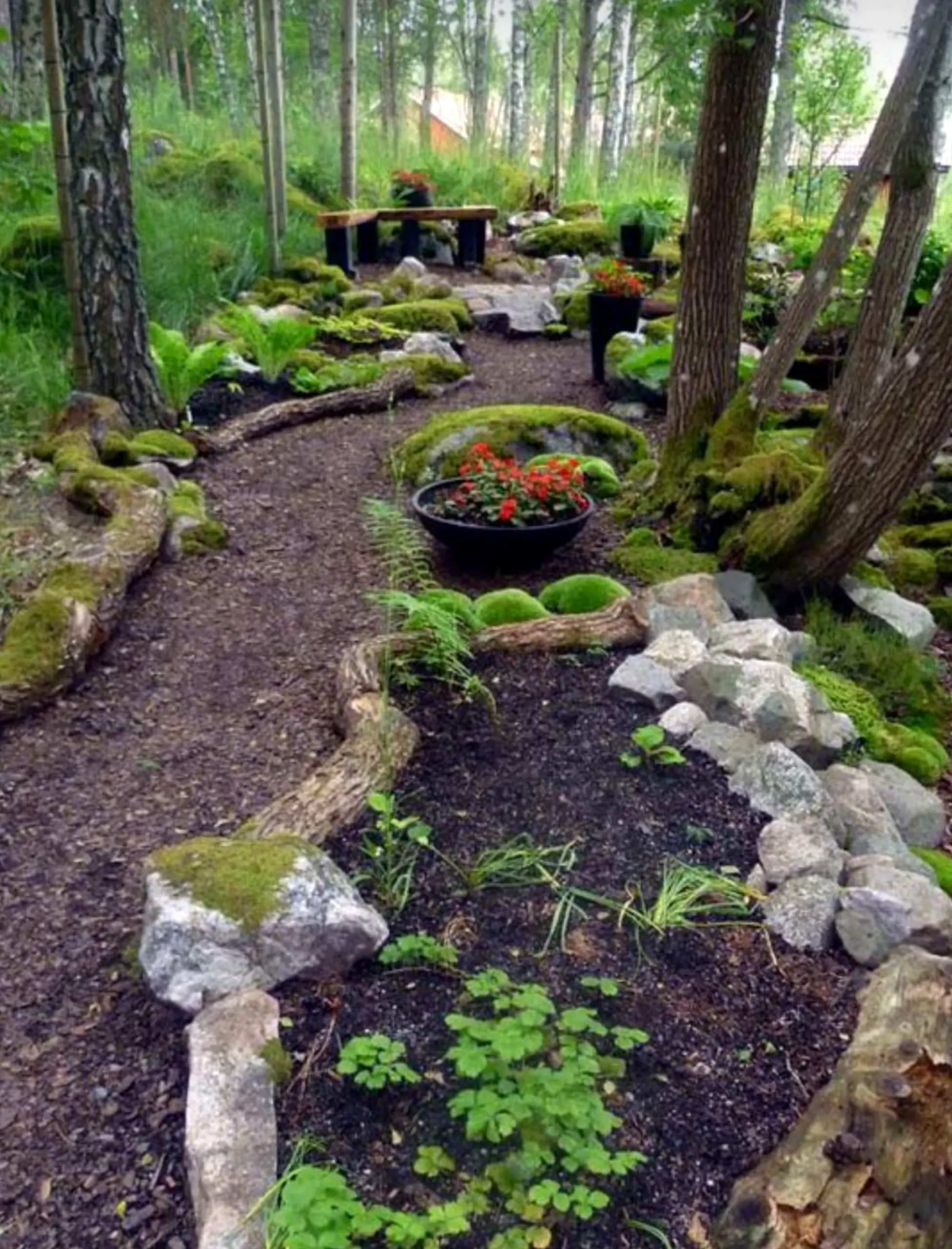 Balanced courtyard view frames the garden edge with personality, making the scene feel personal and relaxed.