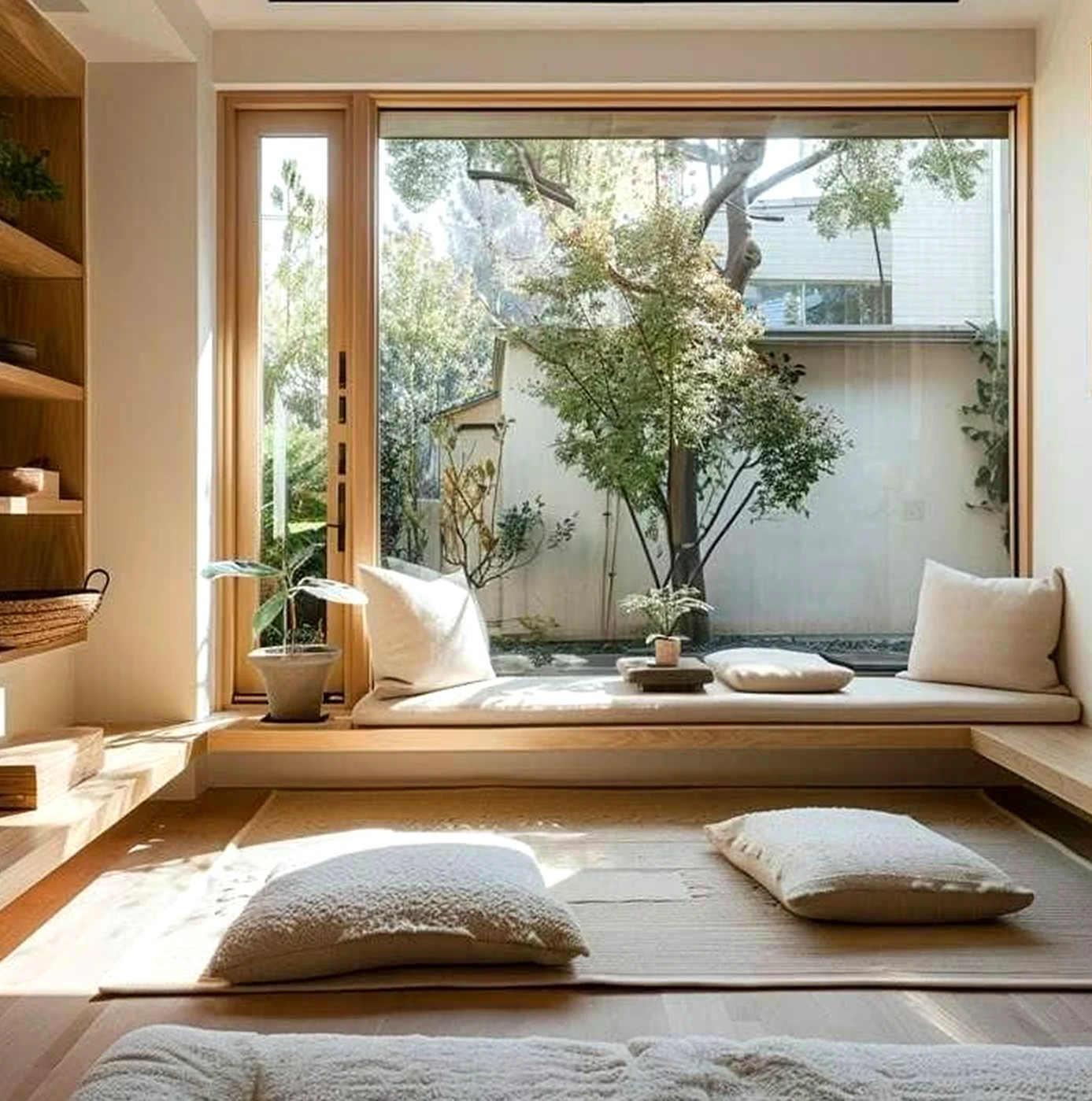 Compact shower wall gives the sitting area more balance, so the whole view feels settled and welcoming.
