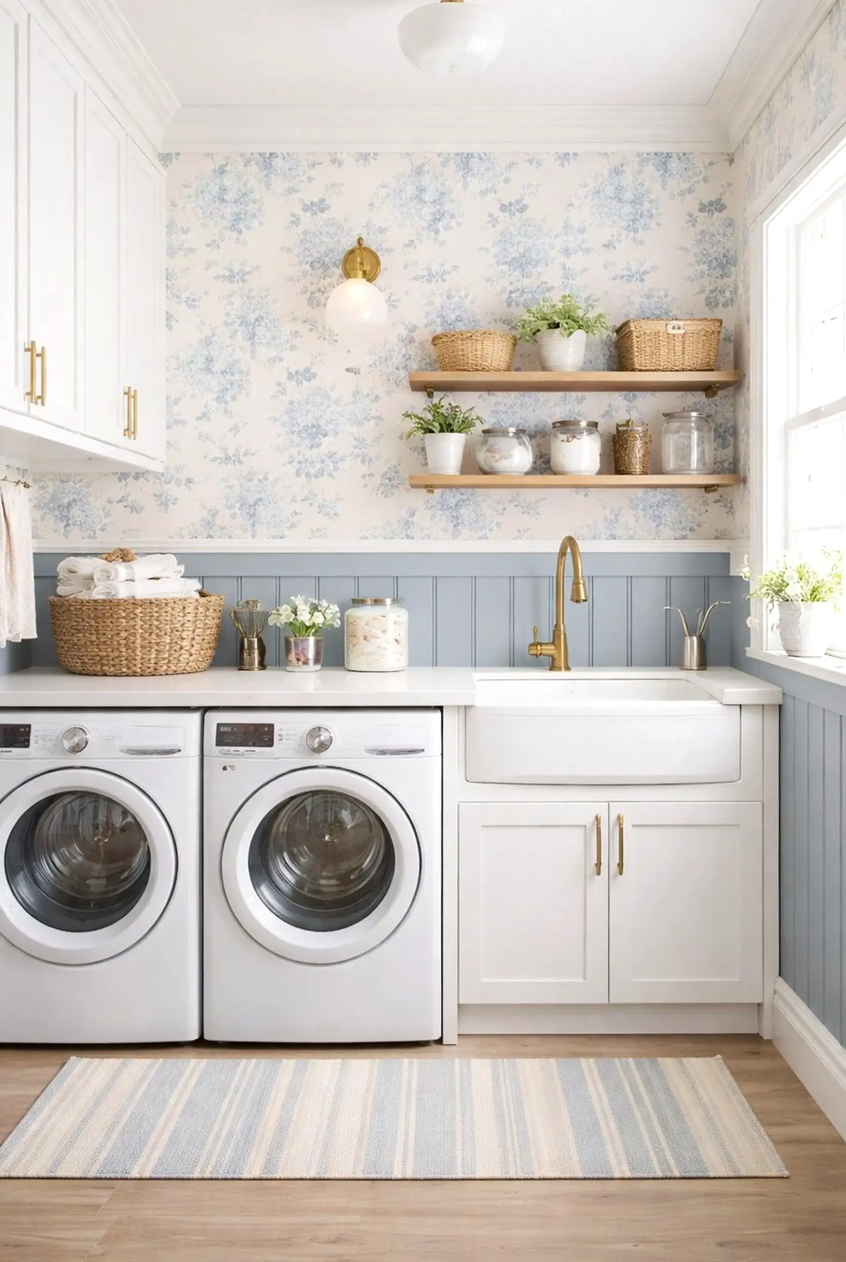 Soft shower wall frames the design with shape, making the scene feel bright but not busy.