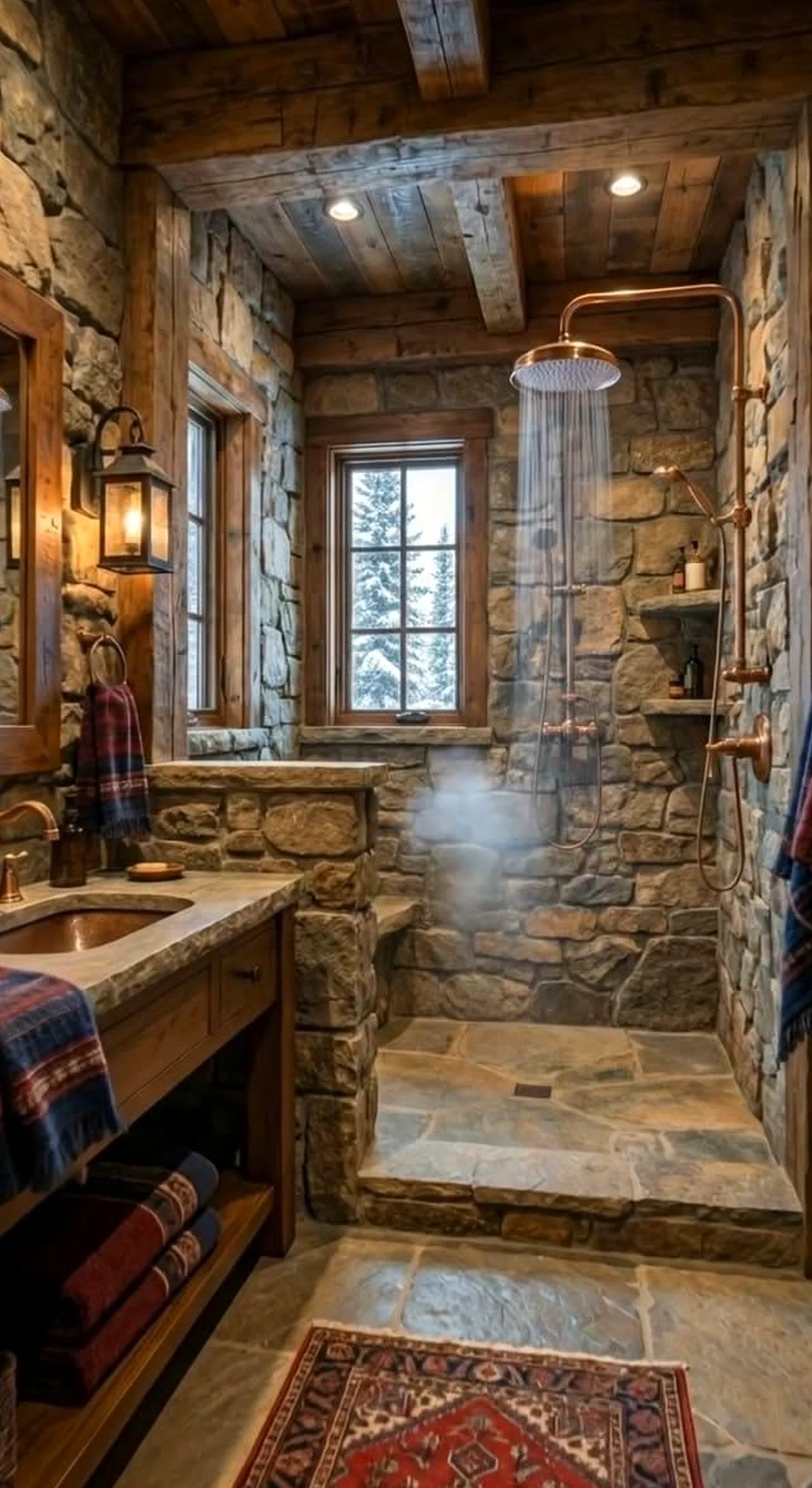 Layered shower wall gives the outdoor space more texture, so the whole view feels open and lived-in.
