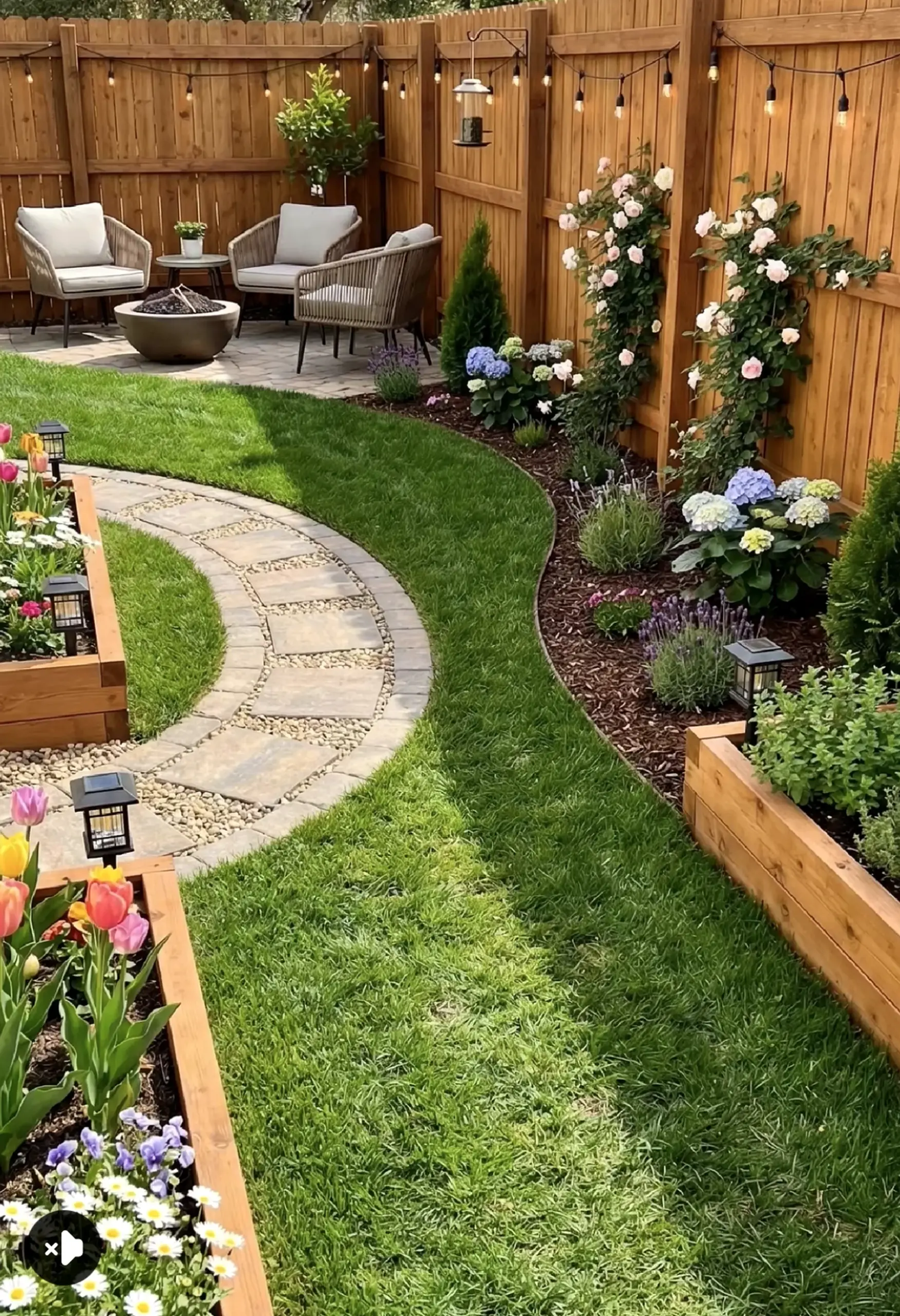 Soft flower arrangement adds detail across the garden edge, giving the decor a finish that feels warm without clutter.