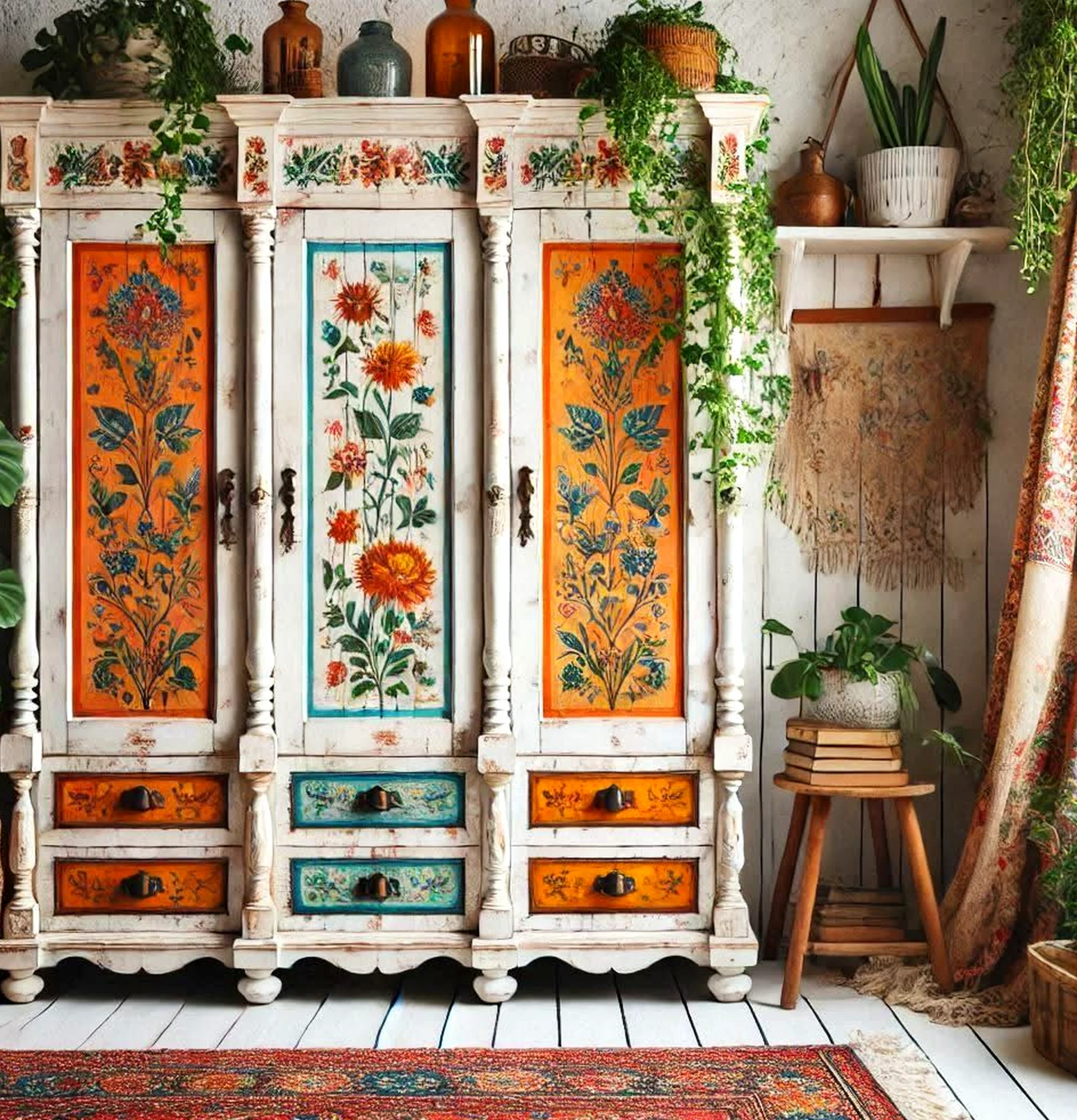 Luminous painted door supports the composition through charm, leaving the space feeling warm without clutter.