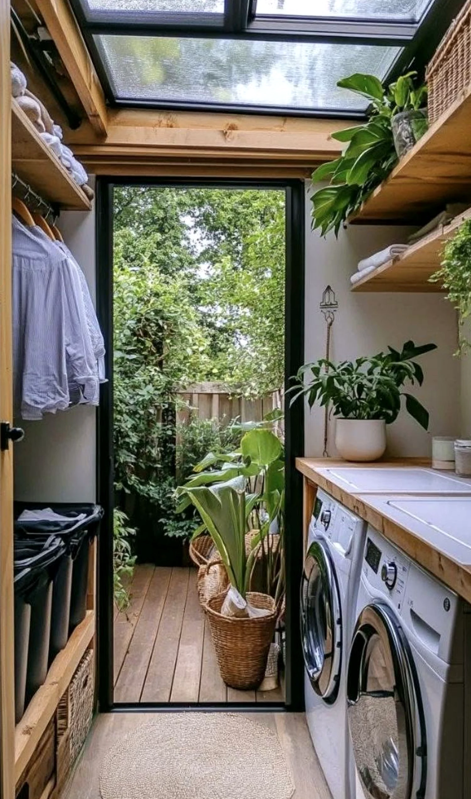 Earthy cabinet wall gives the design more movement, so the whole view feels easy to enjoy.