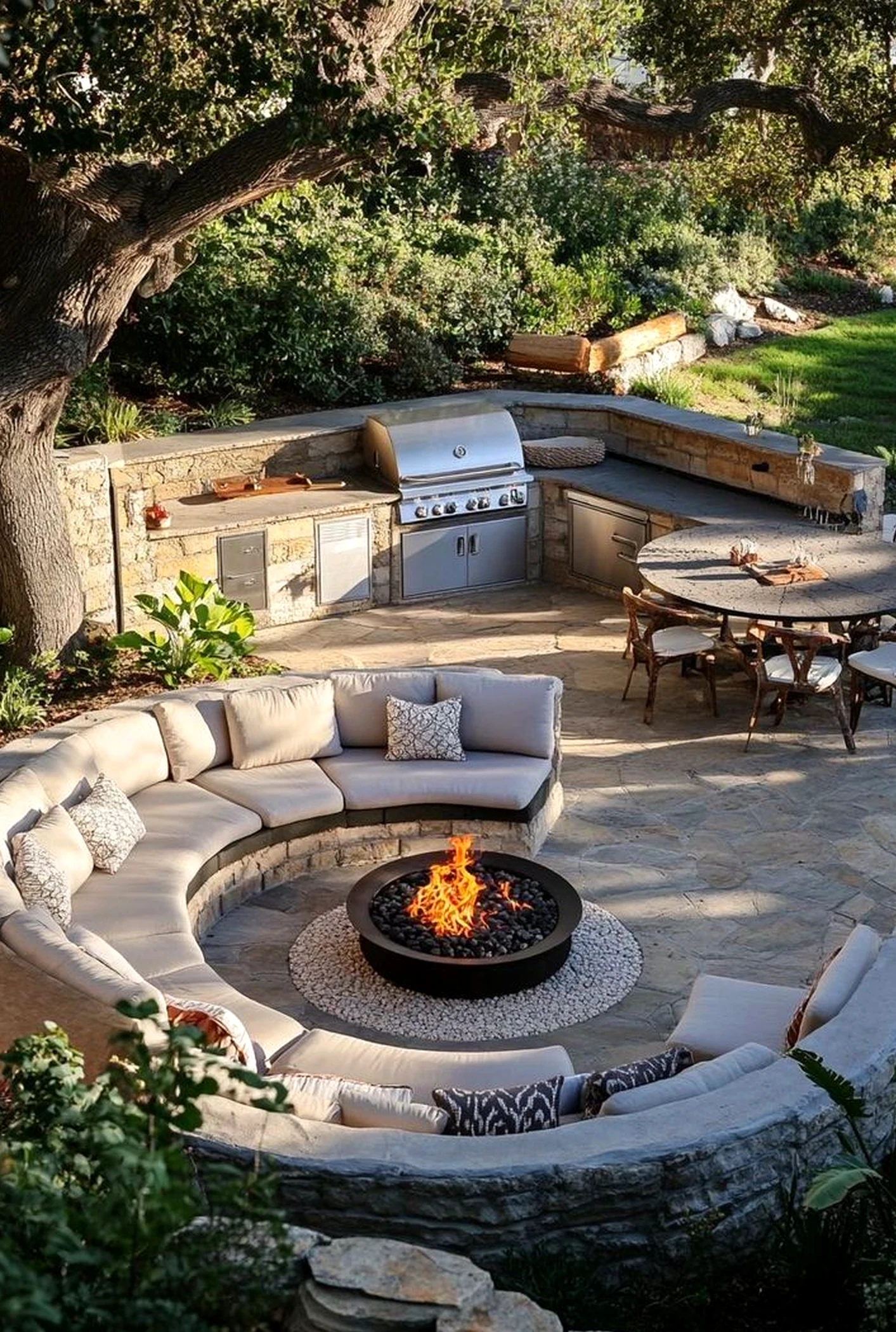Soft garden seating frames the table with order, making the scene feel ready for quiet use.