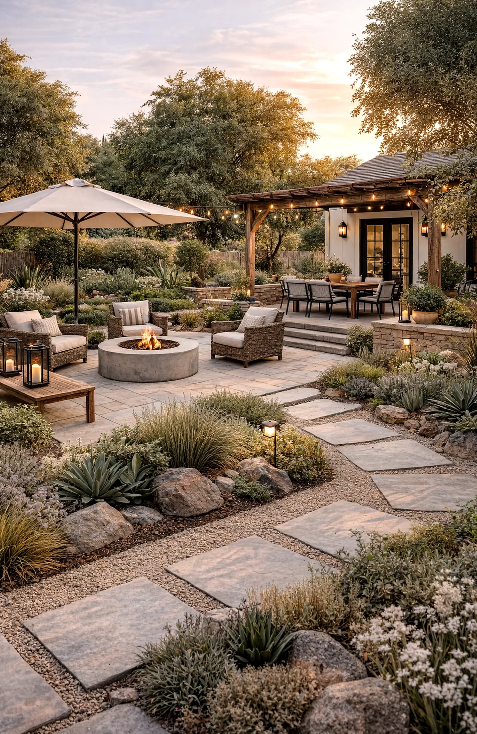Quiet neutral bedroom gives the outdoor space more shape, so the whole view feels bright but not busy.