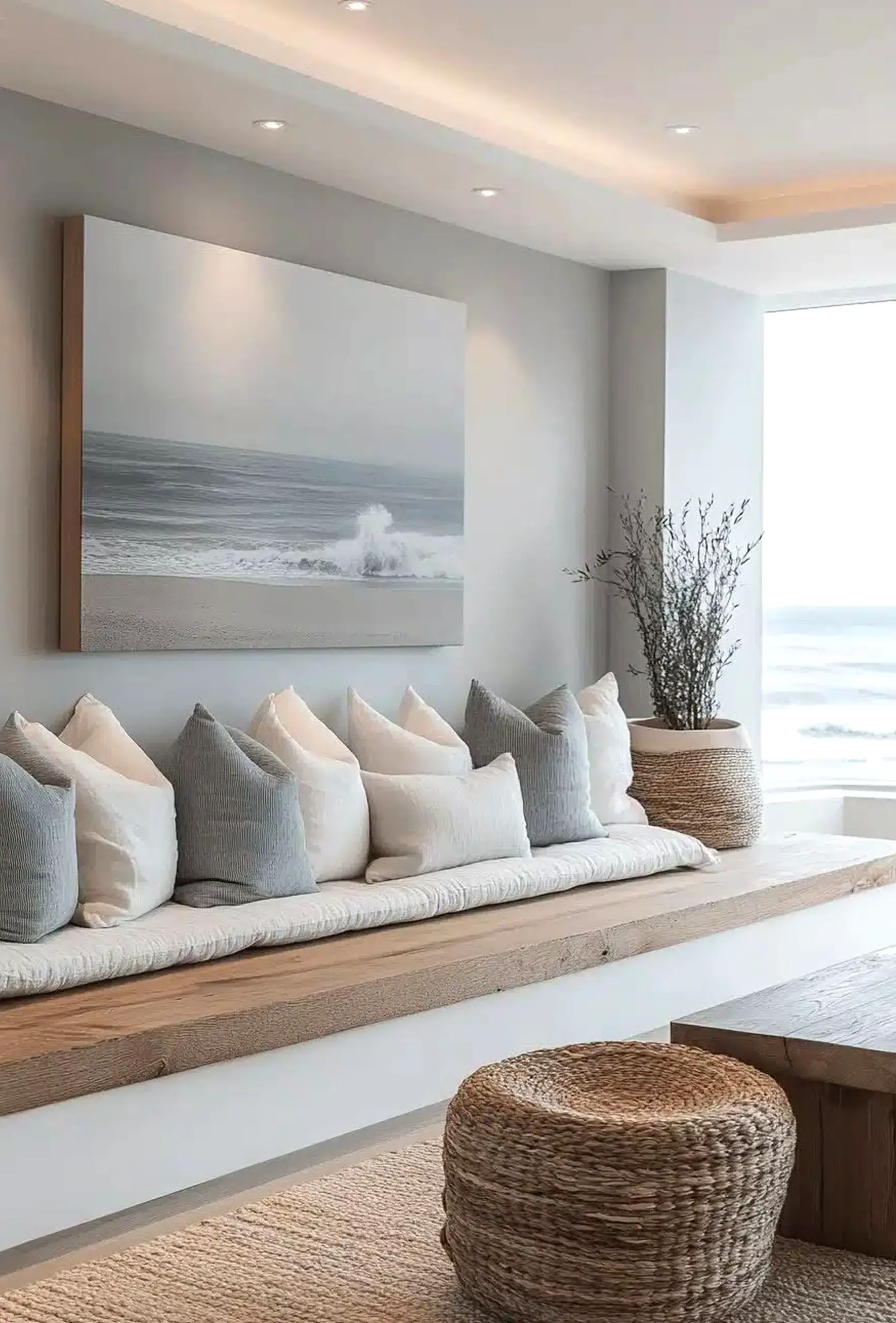 Relaxed entry console draws attention to light while the composition stays clear and inviting.