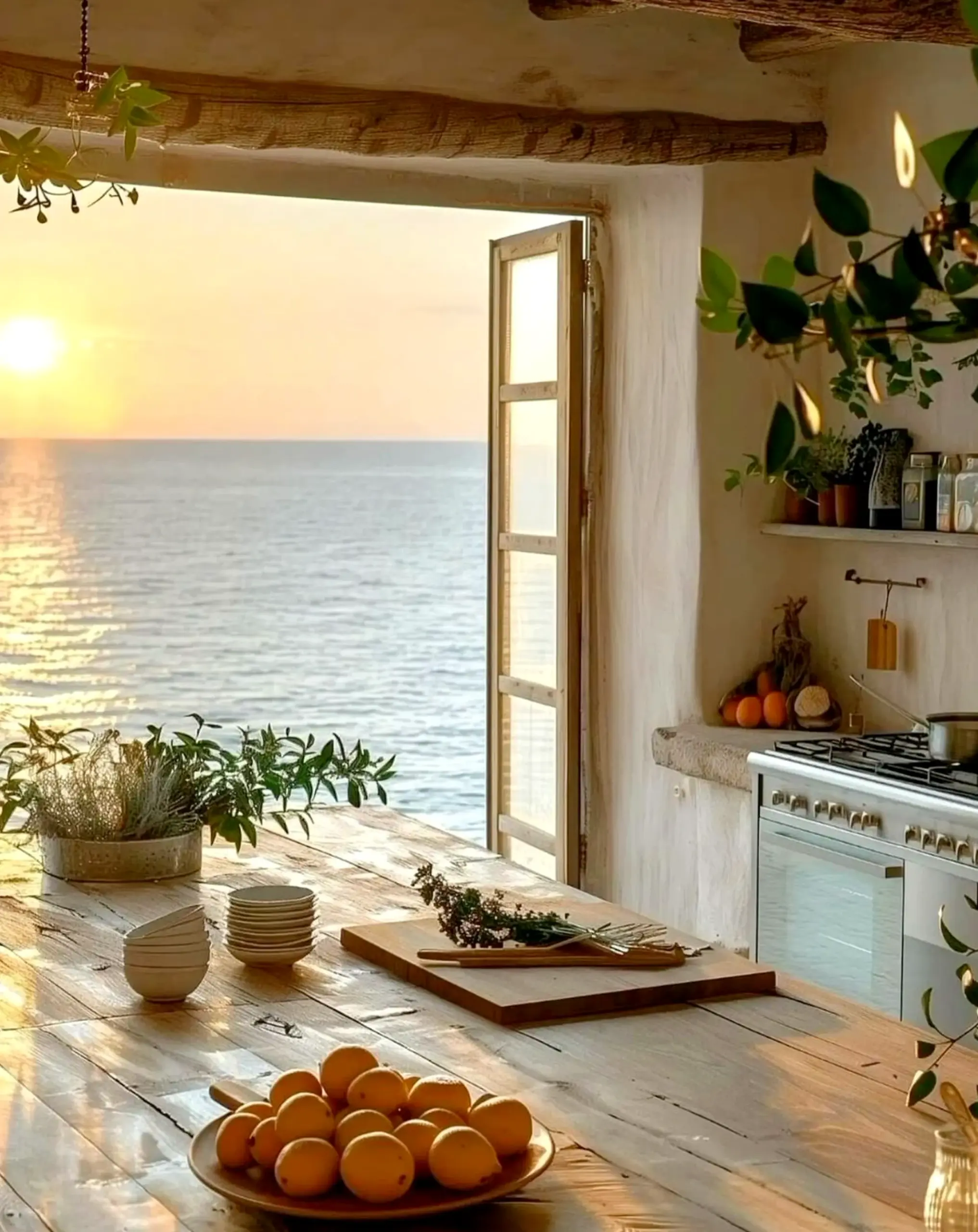 Open kitchen nook brings a useful note of rhythm, making the garden edge feel bright but not busy.