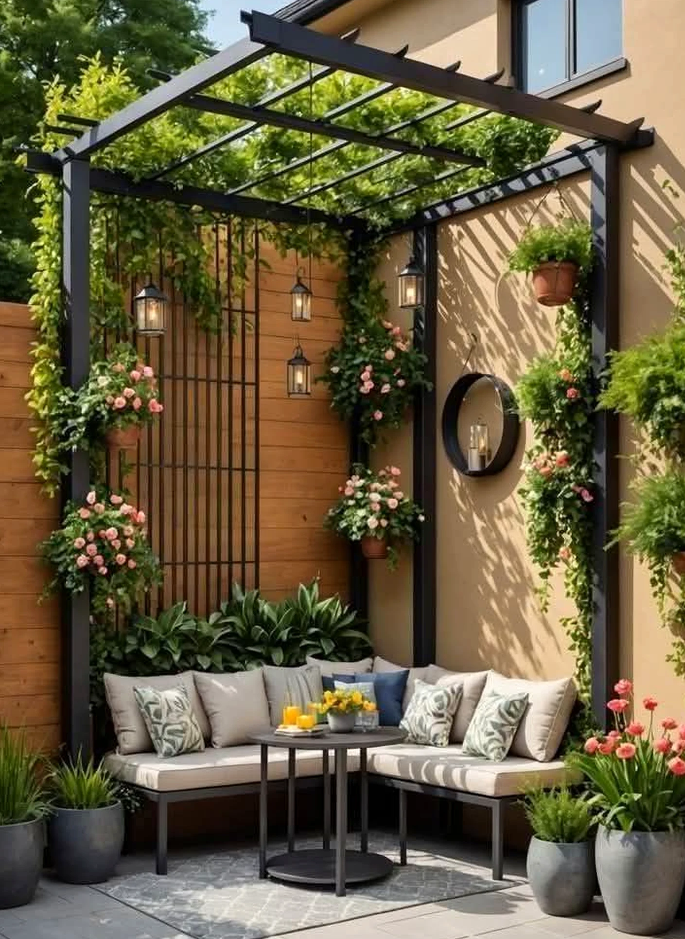 Colorful courtyard view brings clarity to the sitting area, creating a mood that feels comfortable in daily use.