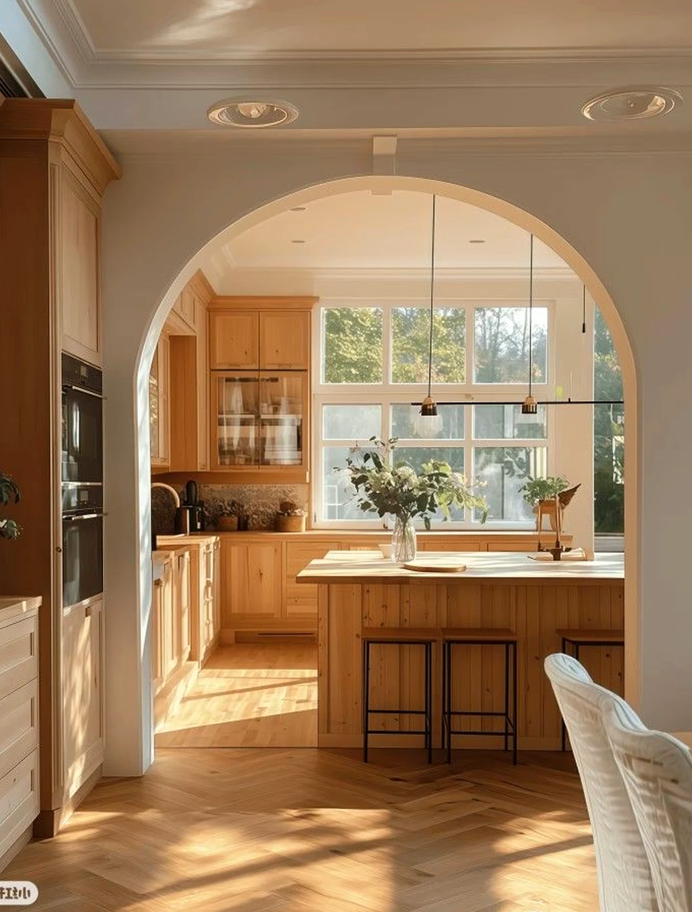 Polished greenhouse corner frames the entry with focus, making the scene feel simple yet expressive.