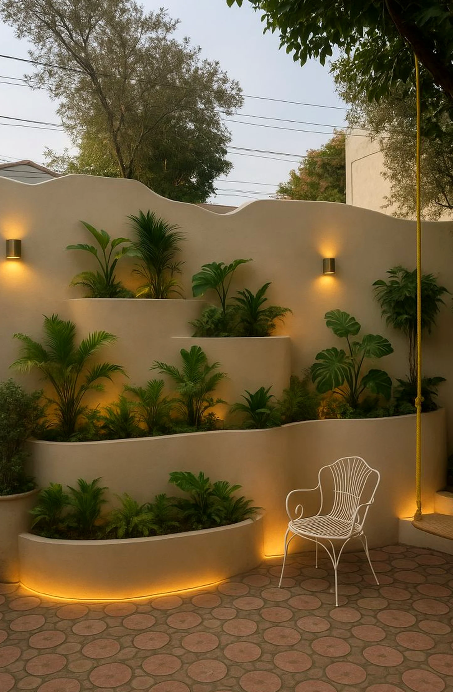 Quiet garden seating introduces charm into the design, keeping the atmosphere soft at the edges.