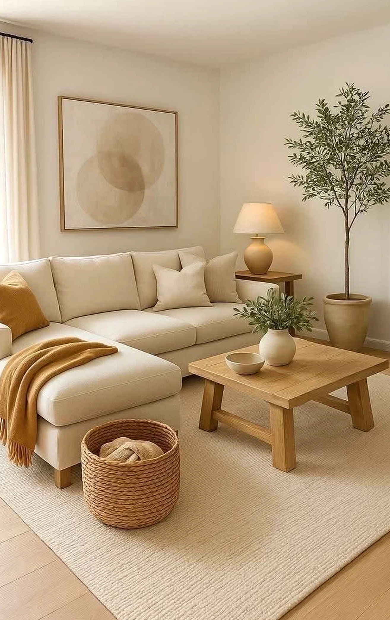 Earthy compact workspace frames the garden edge with shape, making the scene feel warm without clutter.