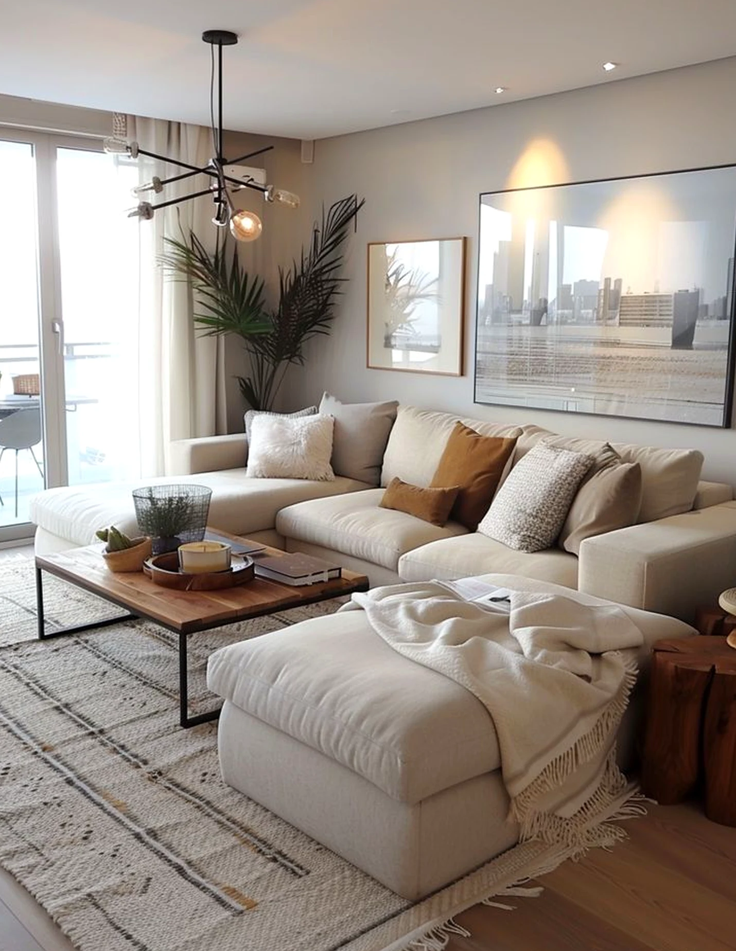 Sculptural decorative mirror frames the sitting area with order, making the scene feel quietly finished.